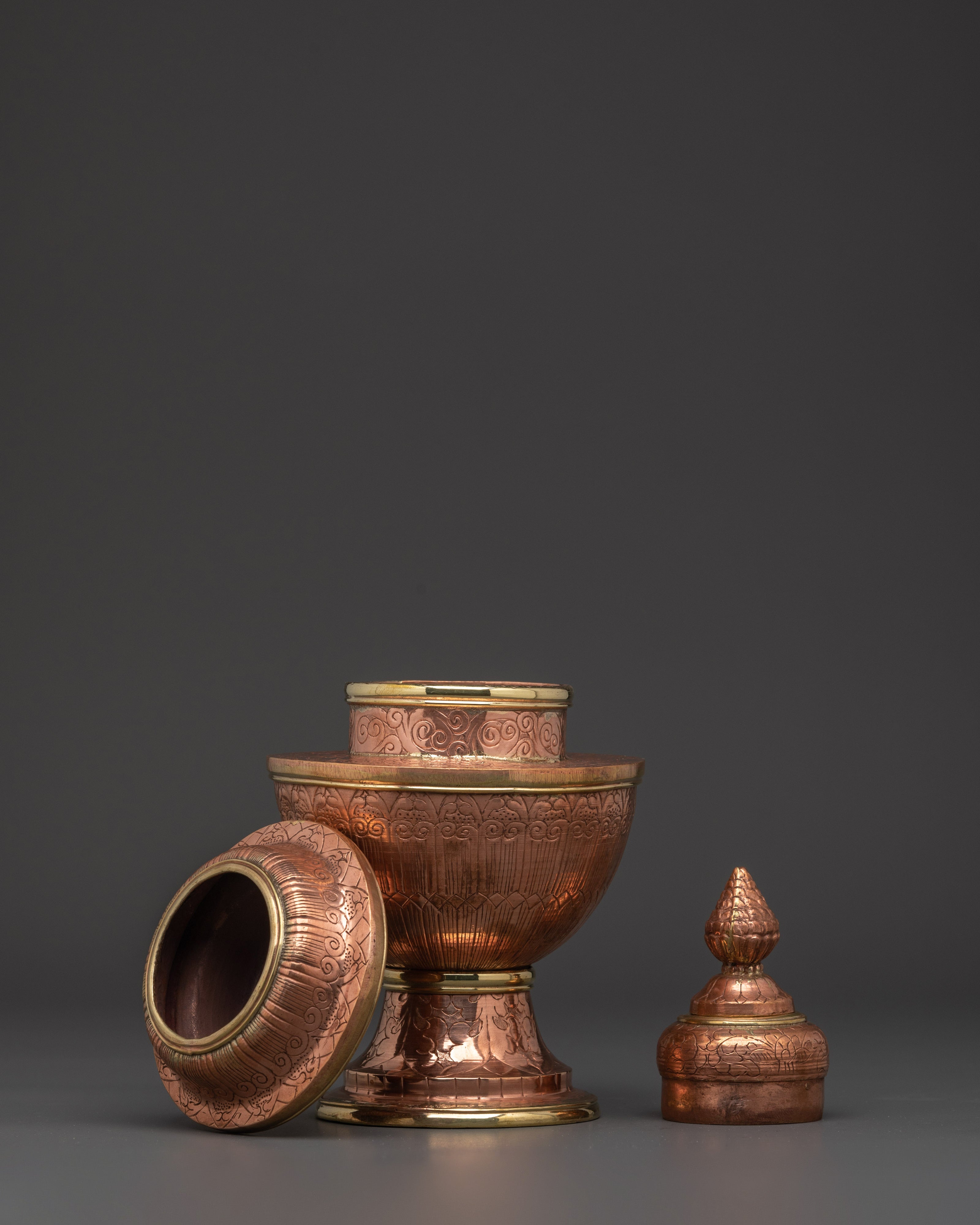 Tibetan Rice Offering Pot | Copper Ritual Vessel with Lid for Altar and Puja