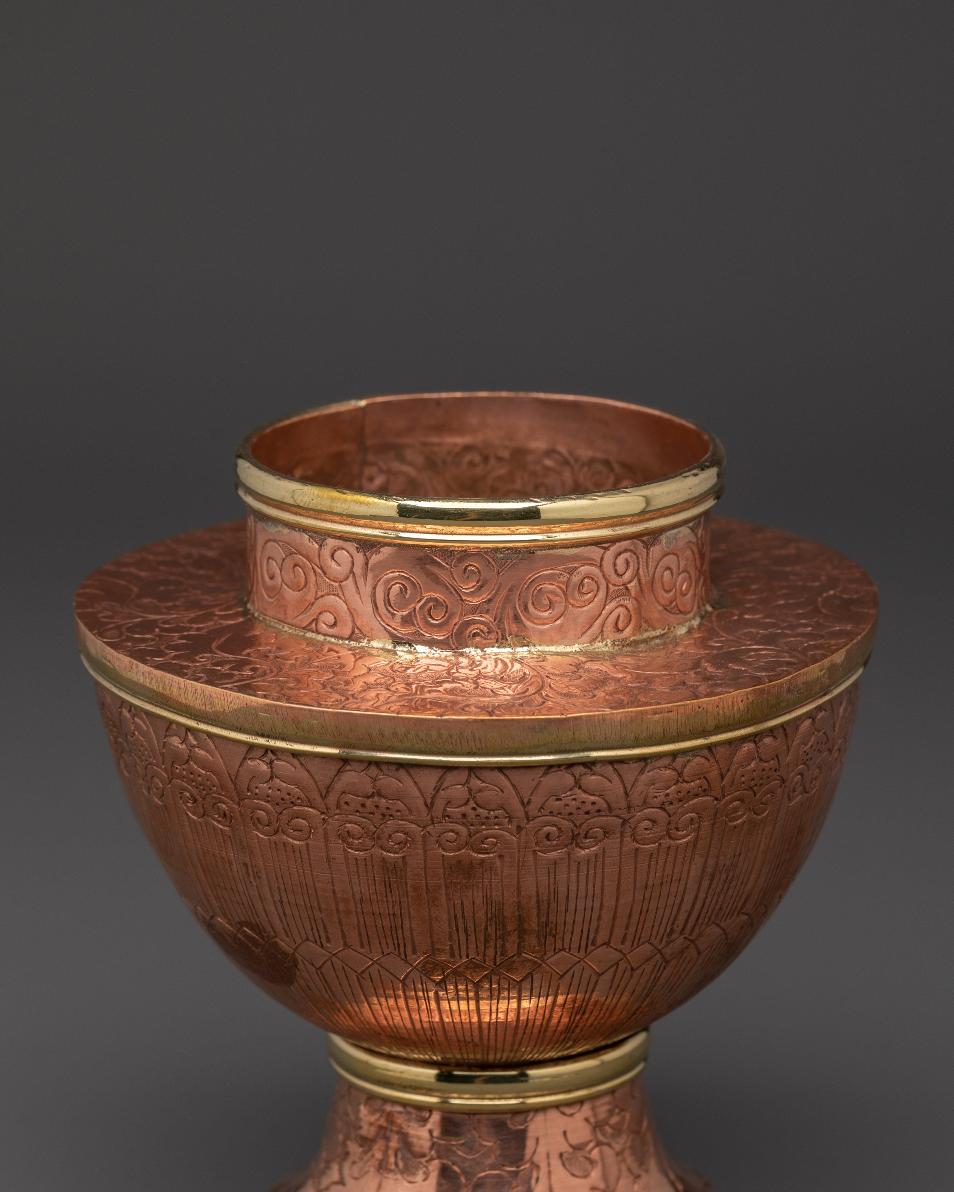 Tibetan Rice Offering Pot | Copper Ritual Vessel with Lid for Altar and Puja