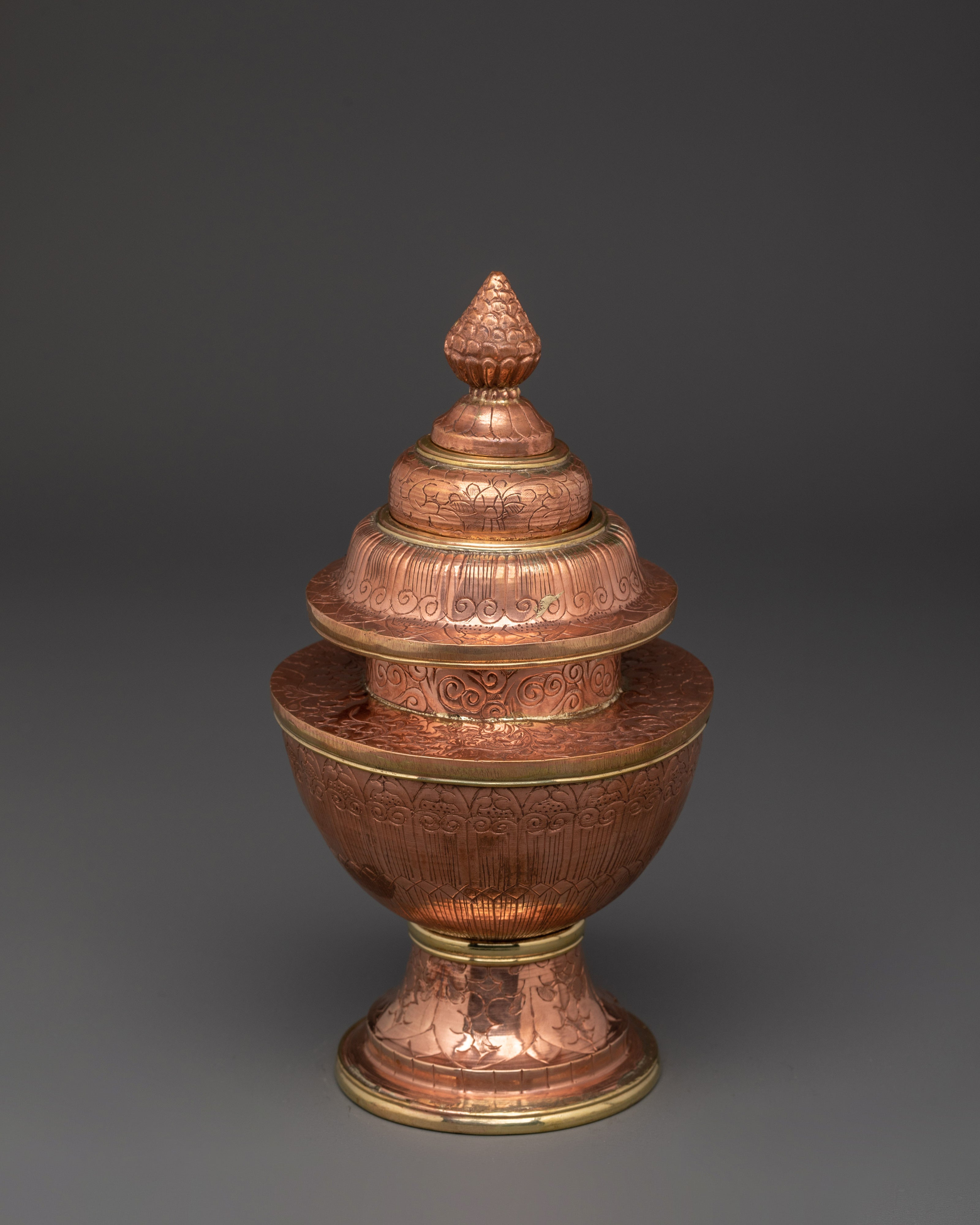 Tibetan Rice Offering Pot | Copper Ritual Vessel with Lid for Altar and Puja