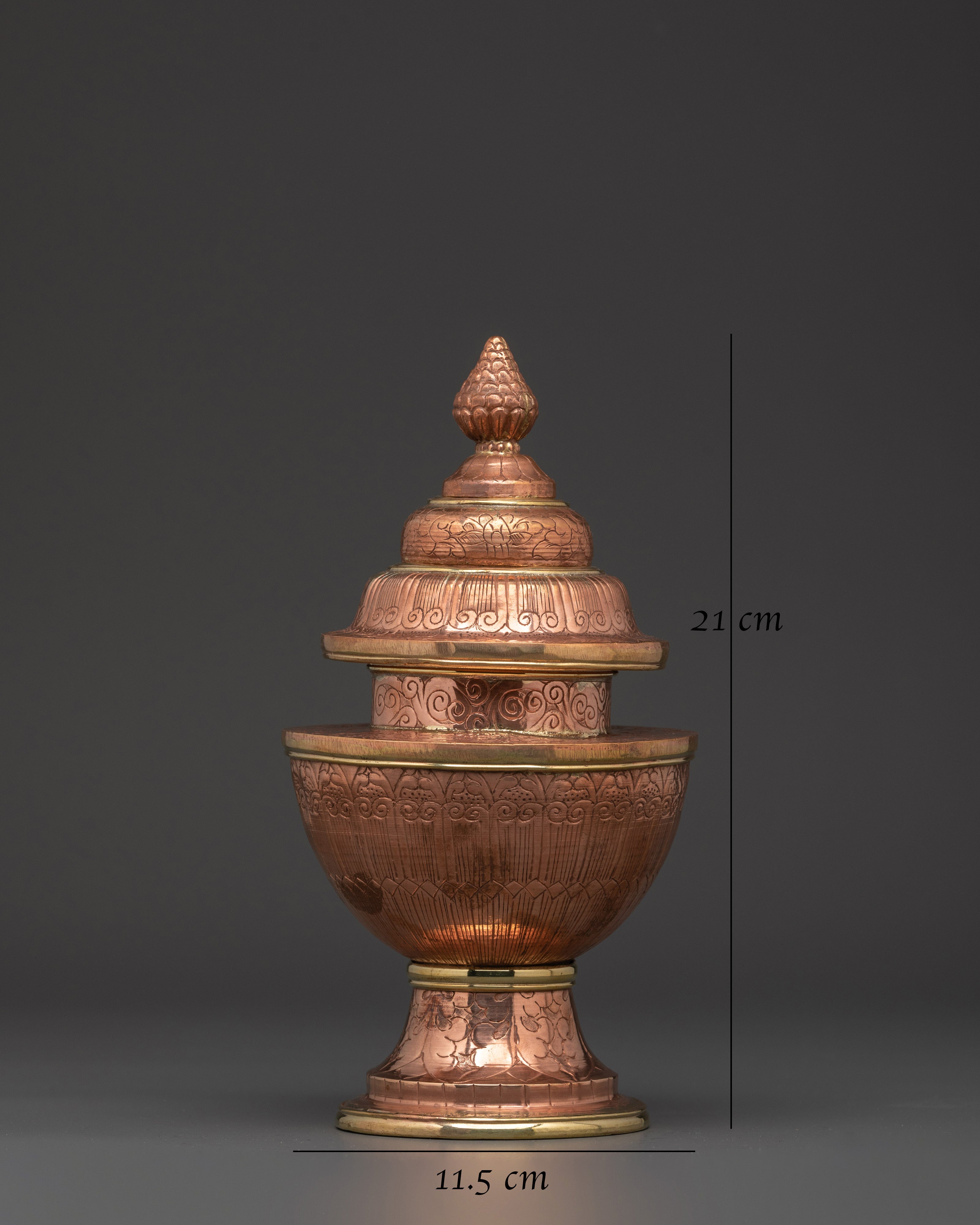 Tibetan Rice Offering Pot | Copper Ritual Vessel with Lid for Altar and Puja