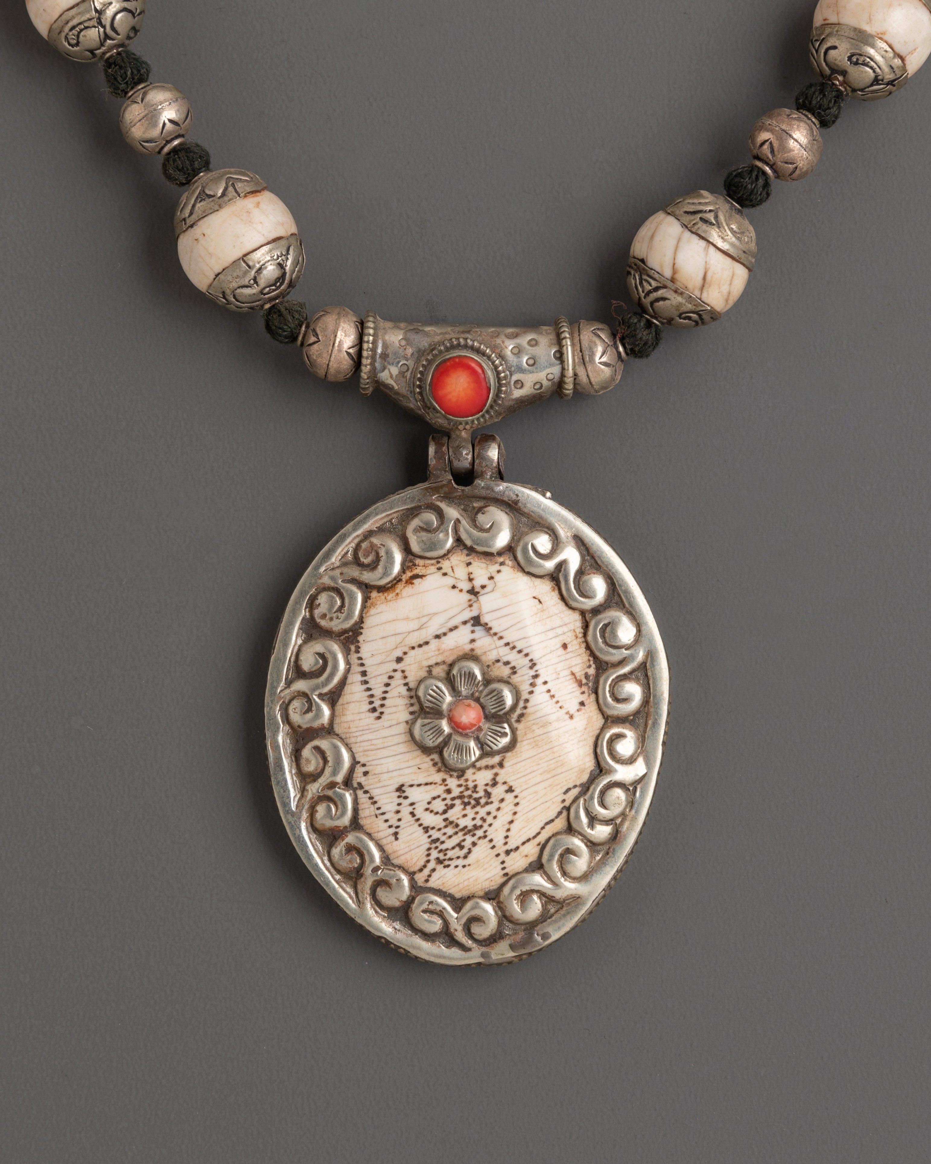 Tibetan Conch Shell Necklace with Coral Inlay Pendant