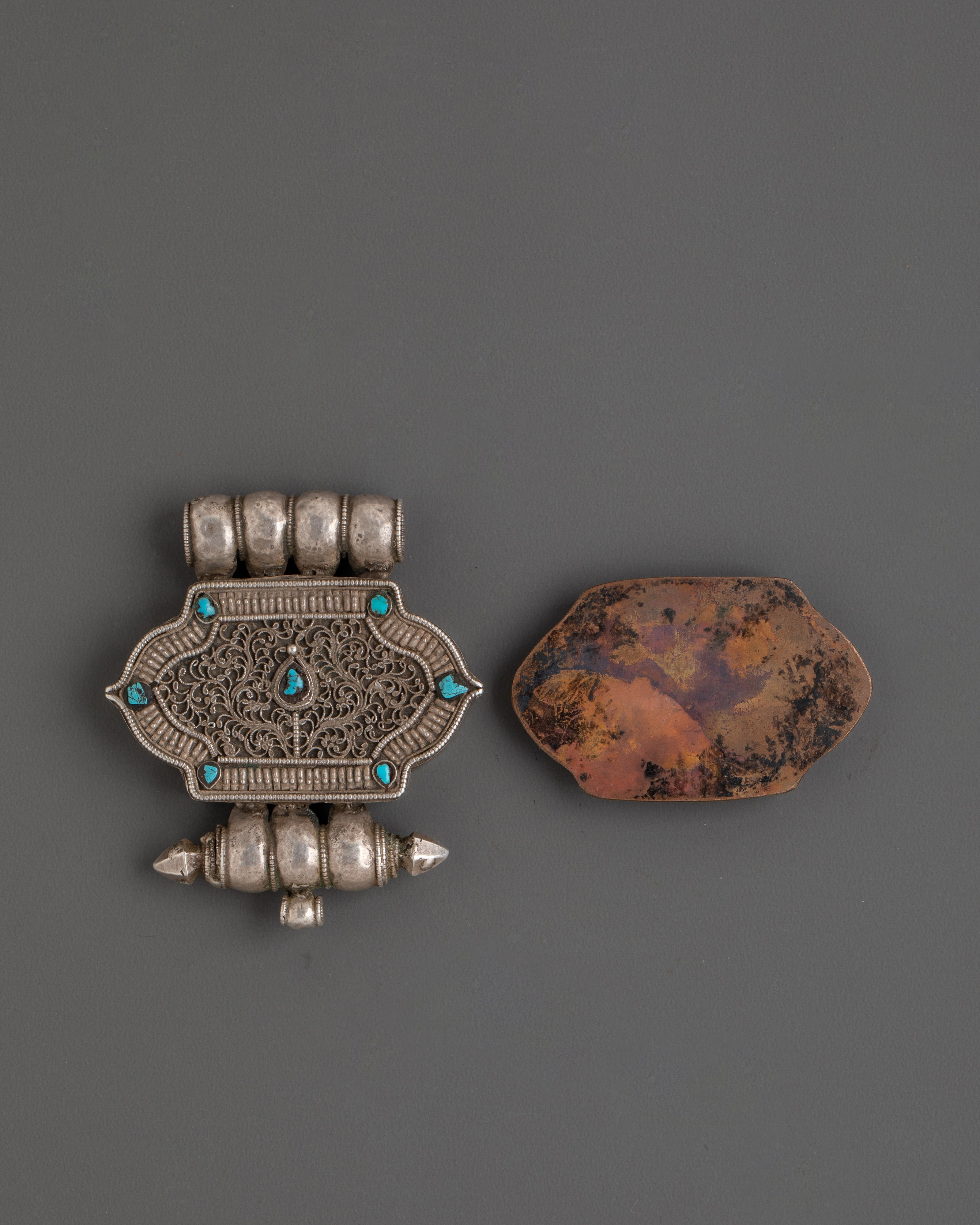 Buddhist Silver Ghau Box Locket with Turquoise Stone Inlay