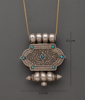 Buddhist Silver Ghau Box Locket with Turquoise Stone Inlay