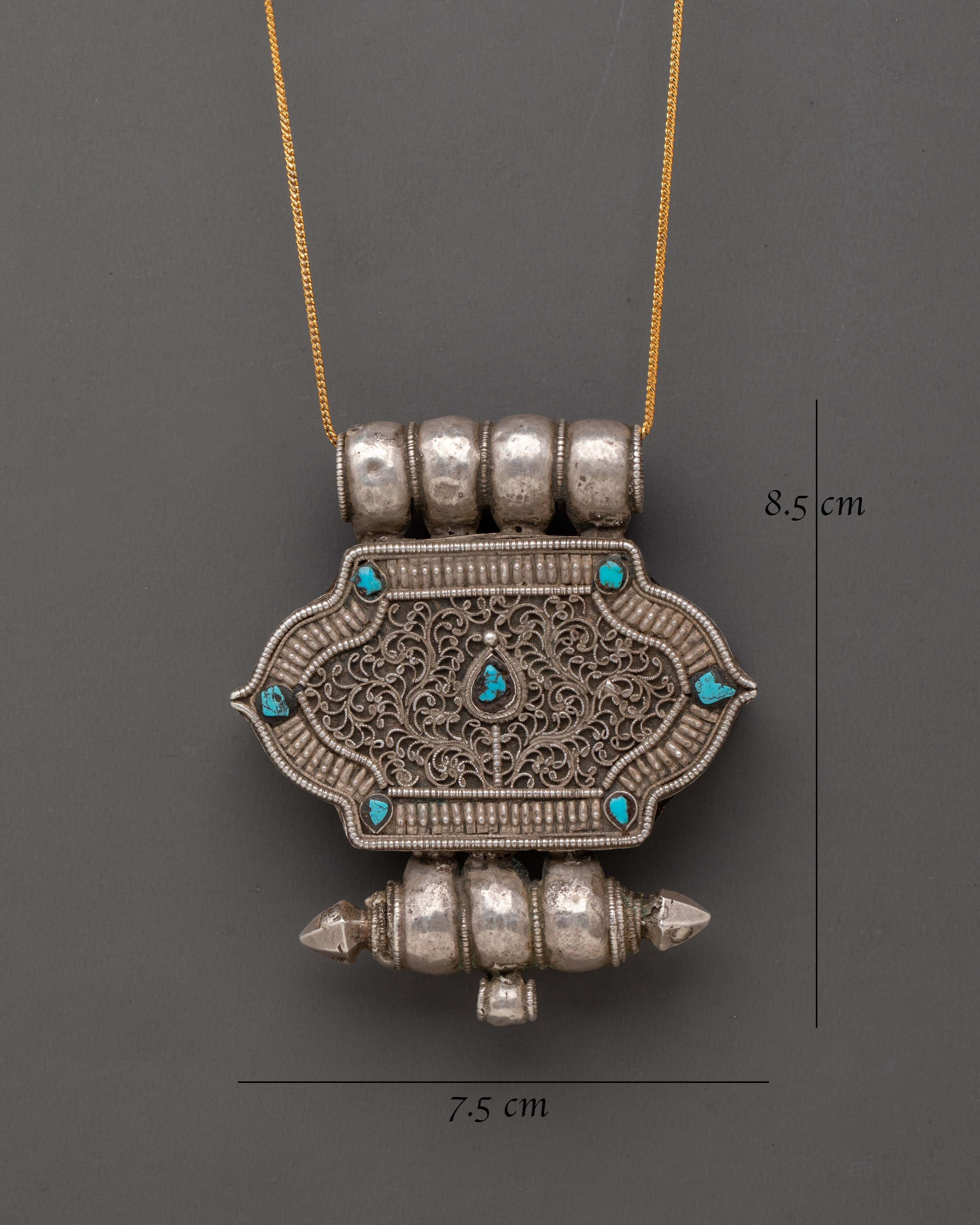 Buddhist Silver Ghau Box Locket with Turquoise Stone Inlay
