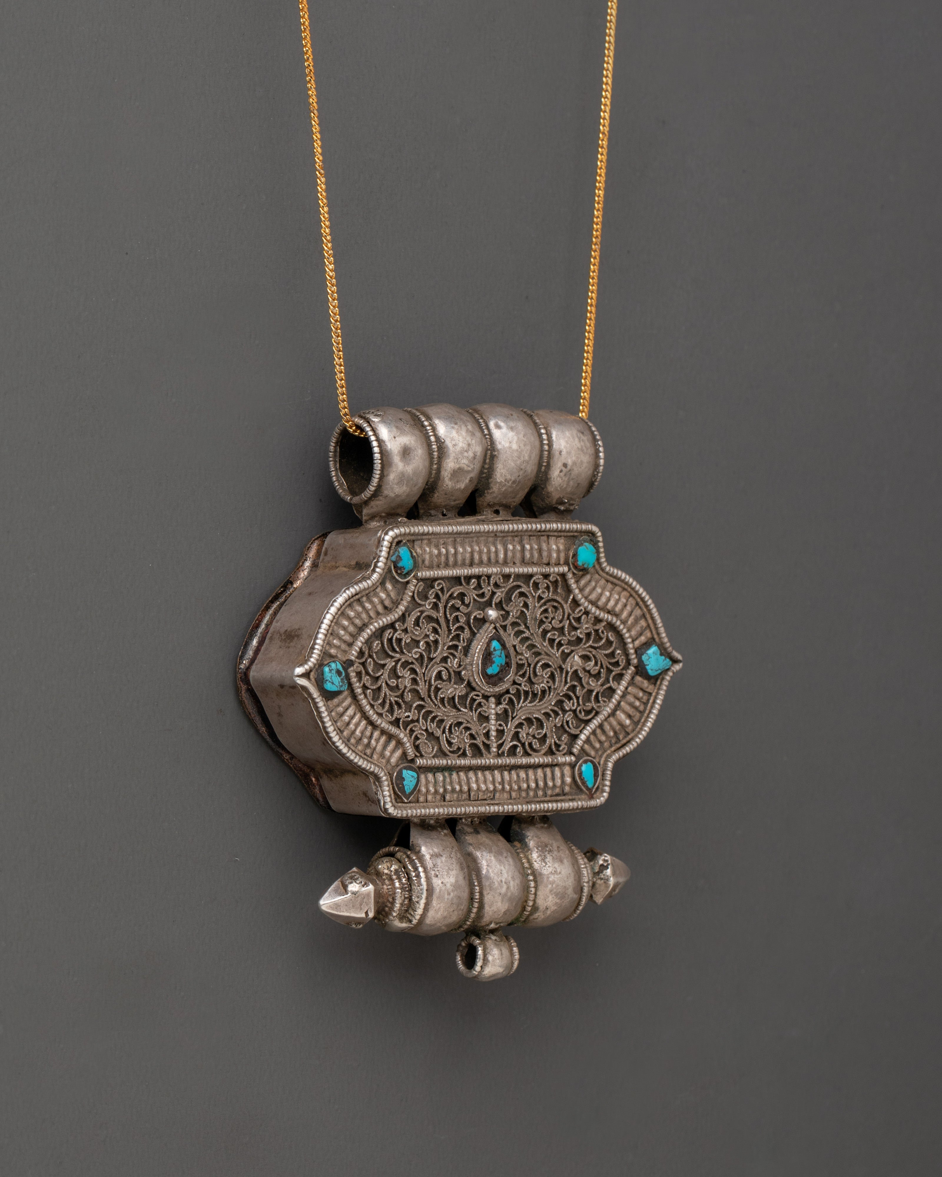 Buddhist Silver Ghau Box Locket with Turquoise Stone Inlay