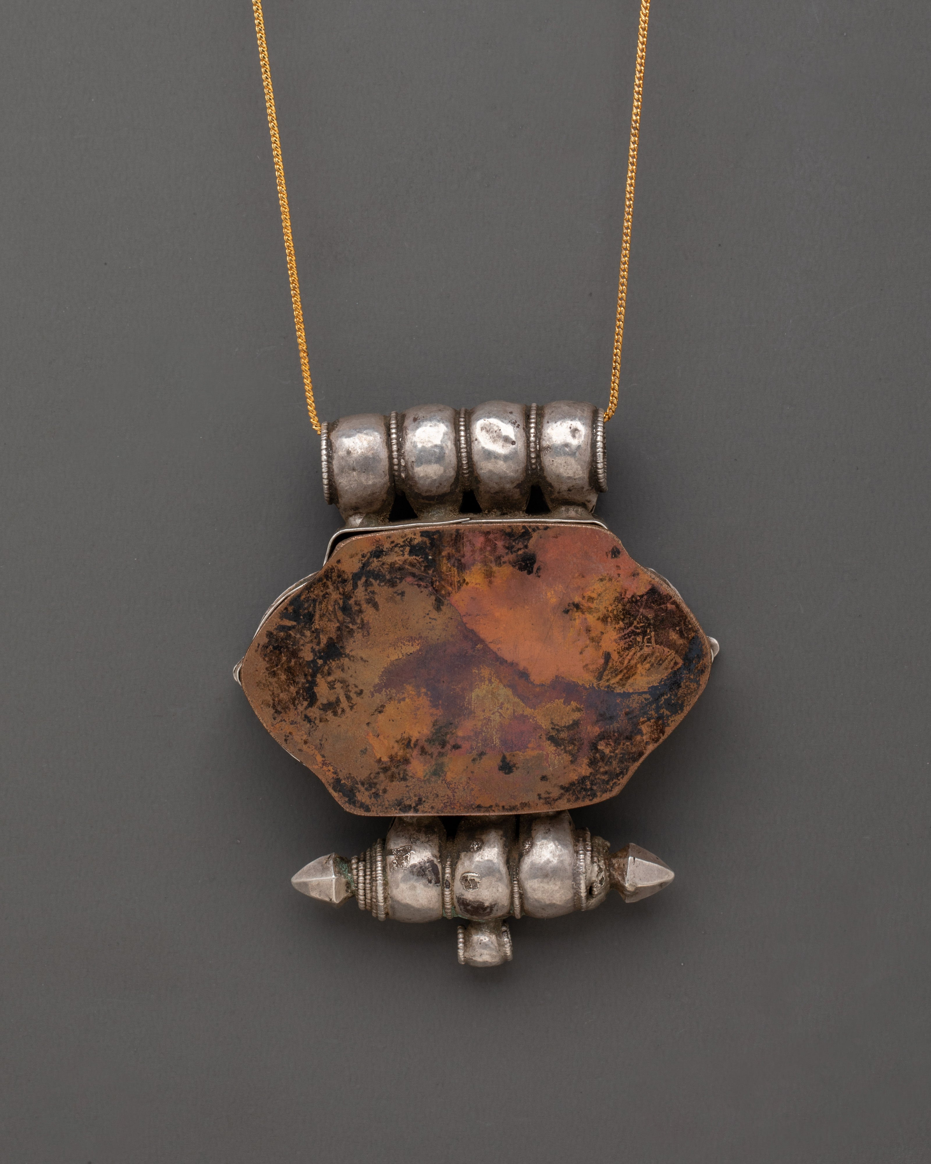 Buddhist Silver Ghau Box Locket with Turquoise Stone Inlay