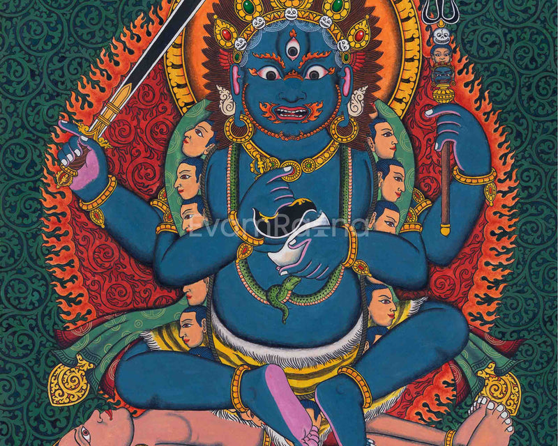 Traditional Newari Pauba Print Of 4 Armed Mahakala | High-Quality Giclee Print For Meditation