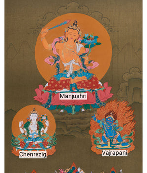 Tibetan Buddhist Manjushri with Chenrezig and Vajrapani | Thangka of Three Bodhisattvas