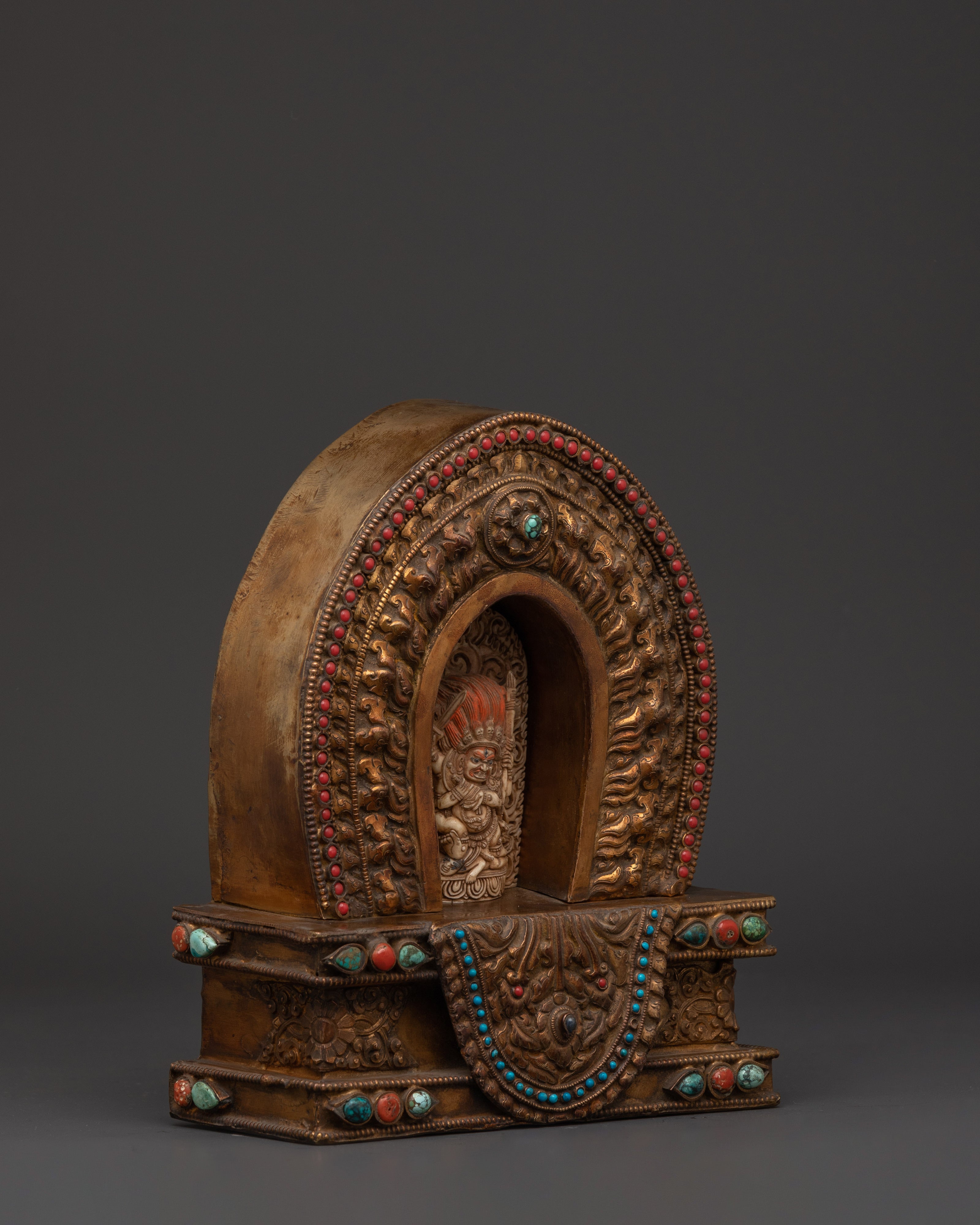 Handcrafted Copper Ghau Box with Four Armed Mahakala | For Spiritual Protection