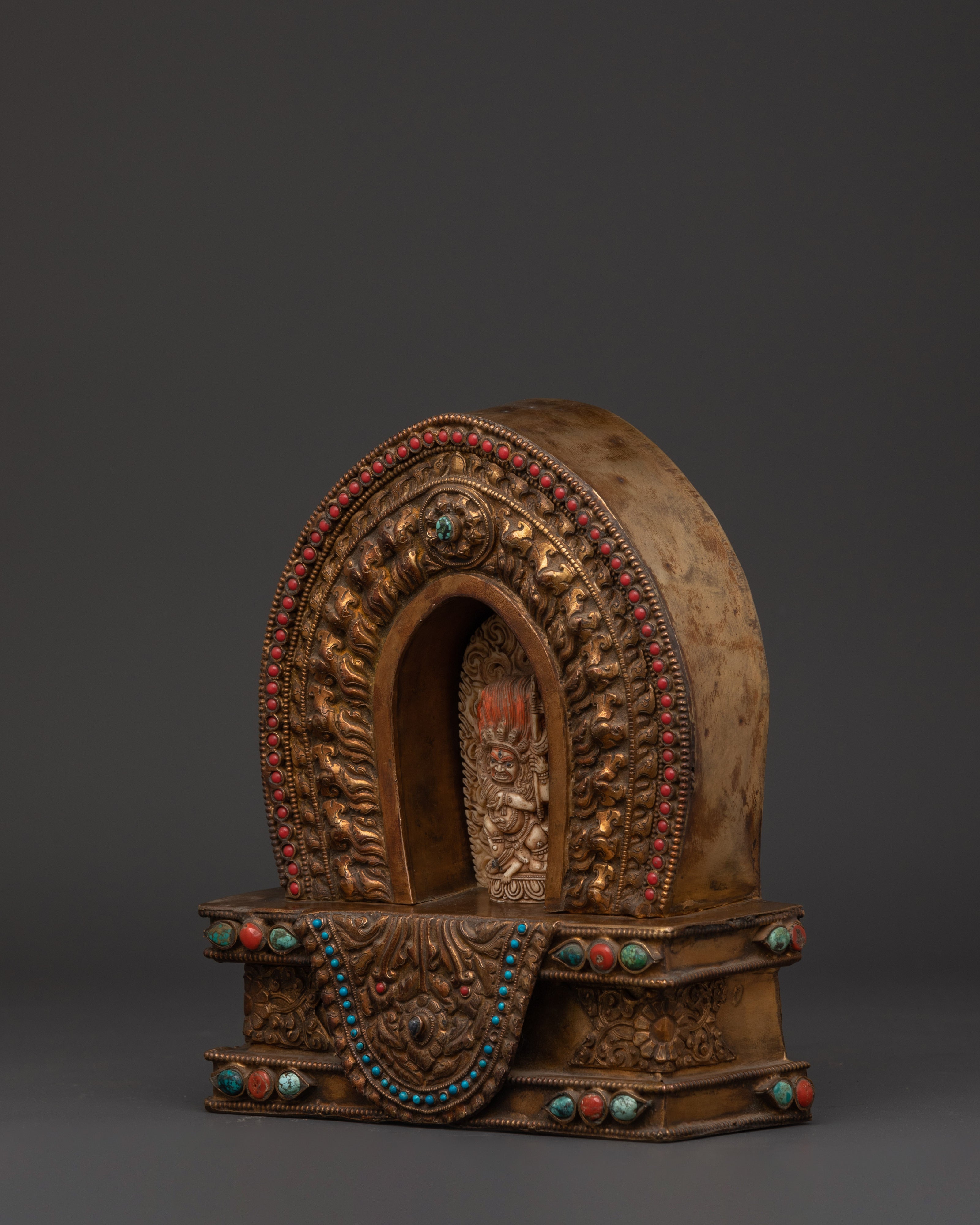 Handcrafted Copper Ghau Box with Four Armed Mahakala | For Spiritual Protection