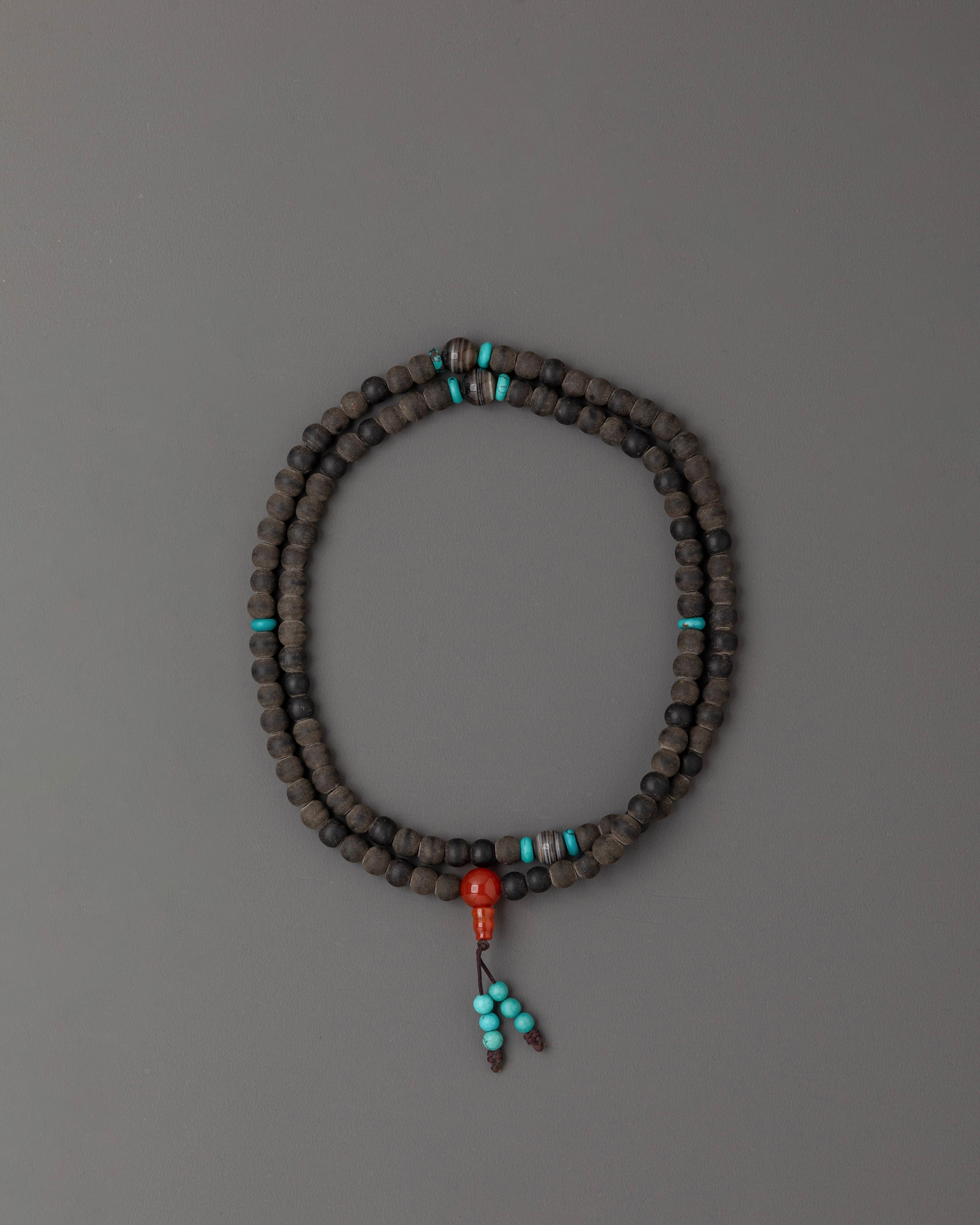 Handmade Spiritual Mala Necklace | Black Stone, Coral for Mindfulness