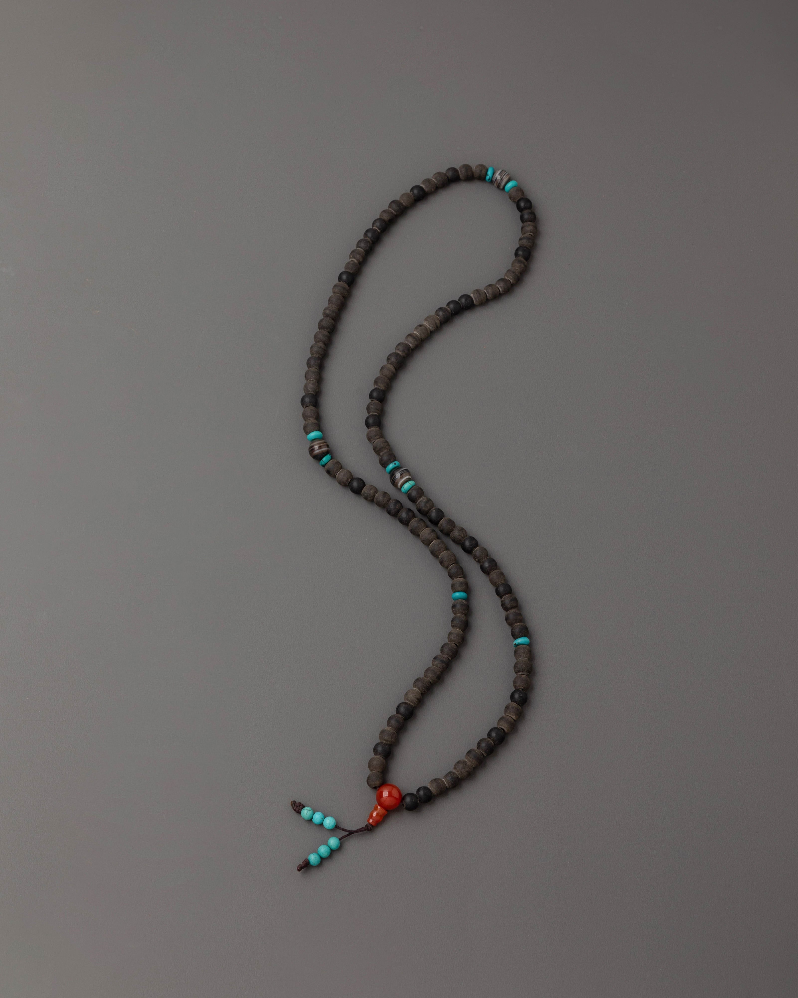 Handmade Spiritual Mala Necklace | Black Stone, Coral for Mindfulness