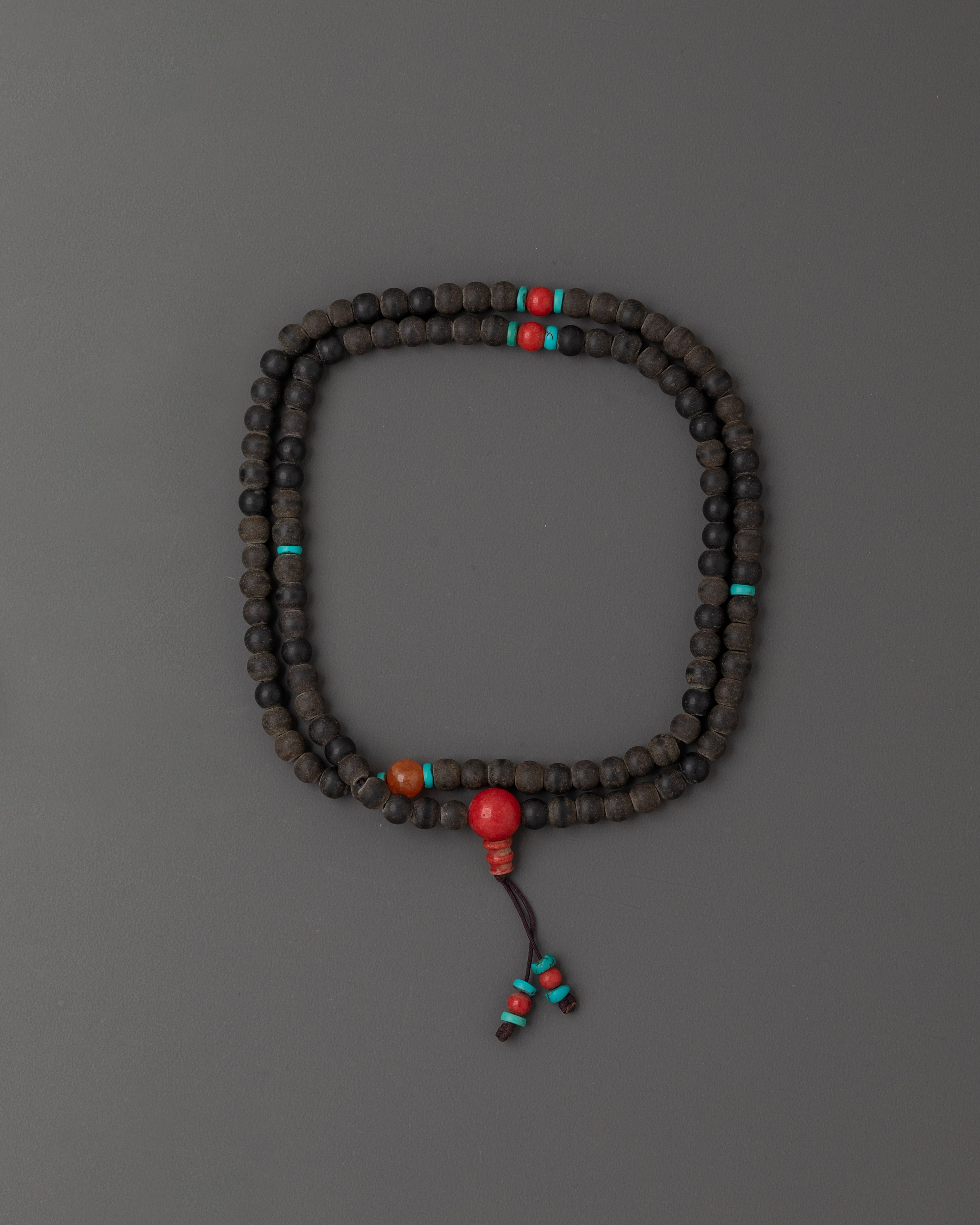108 Bead Japa Mala Necklace with Black Stone Beads | Turquoise and Coral Accents