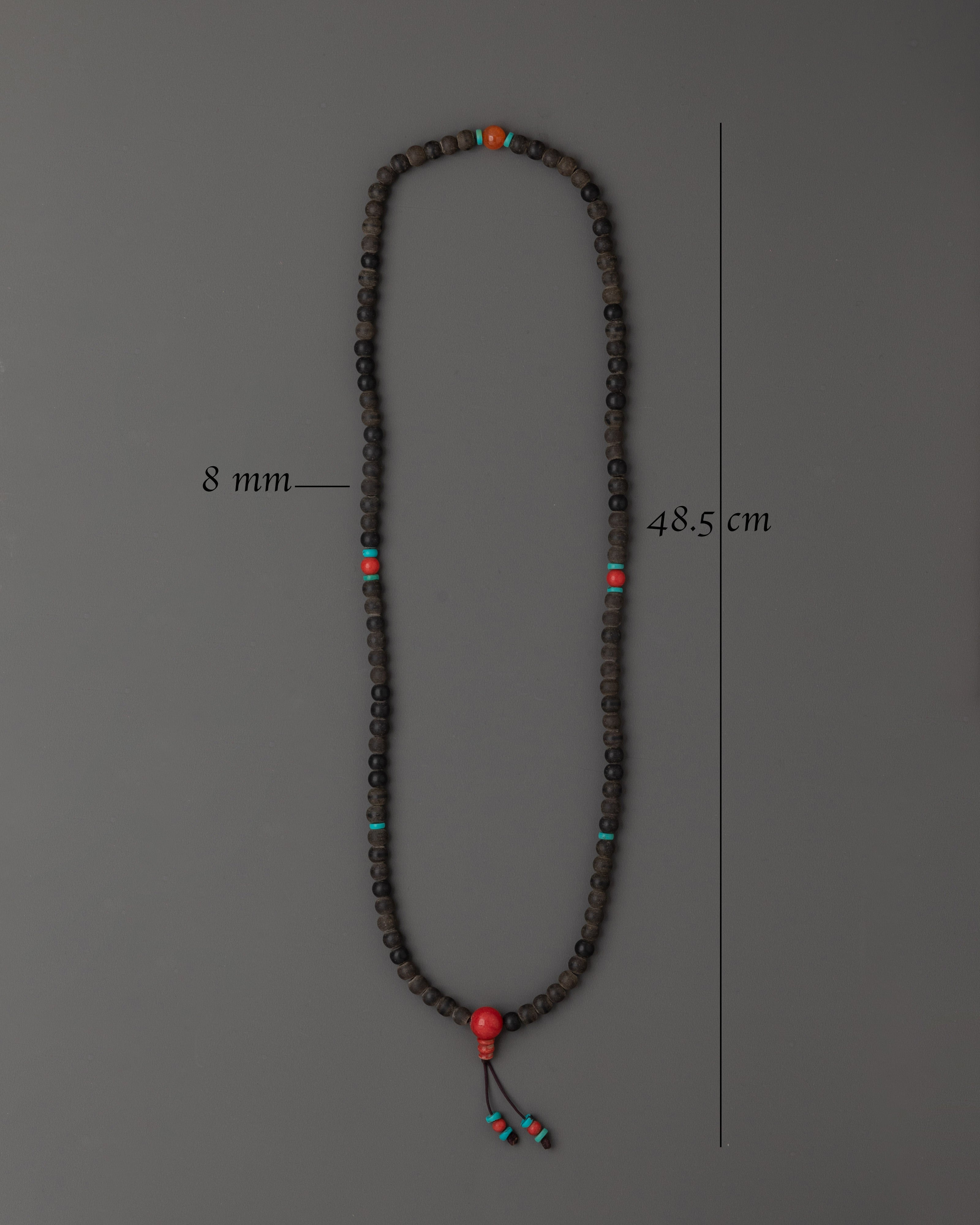 108 Bead Japa Mala Necklace with Black Stone Beads | Turquoise and Coral Accents