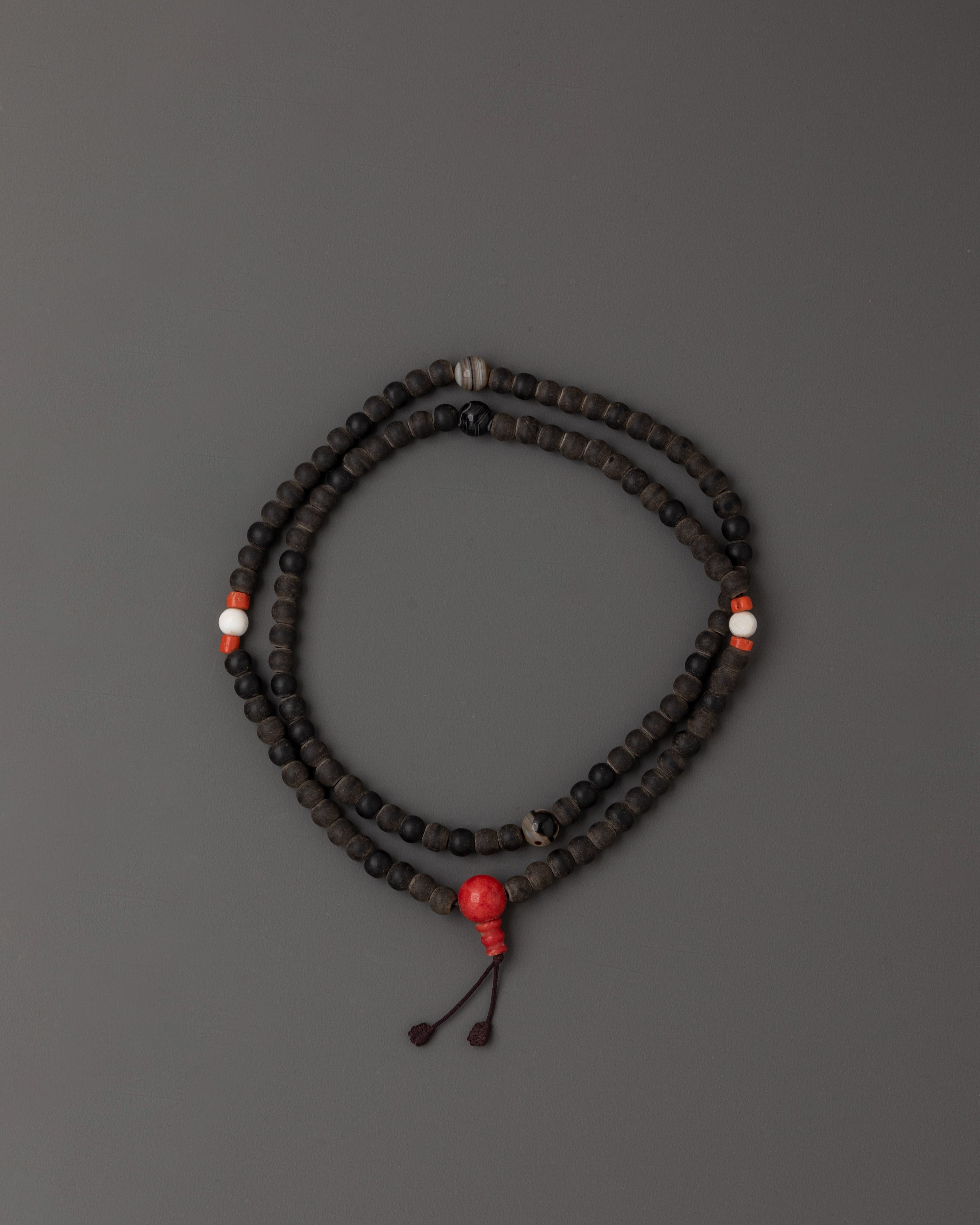 47cm Black Stone Mala |  8mm Meditation Beads with Coral & Turquoise Stones