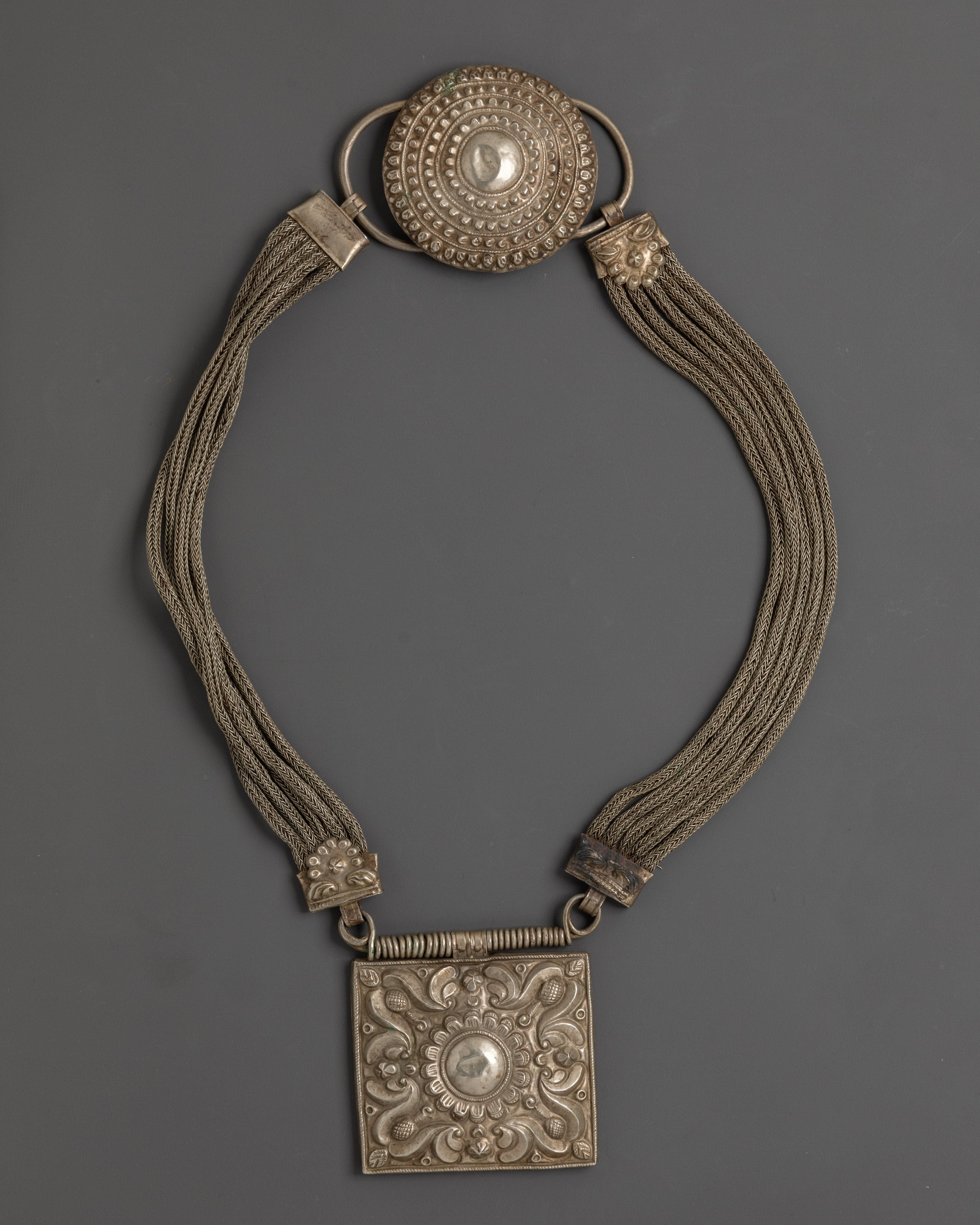 Handcrafted Silver Tribal Necklace | Antique Silver Pendant with Decorative Tassels