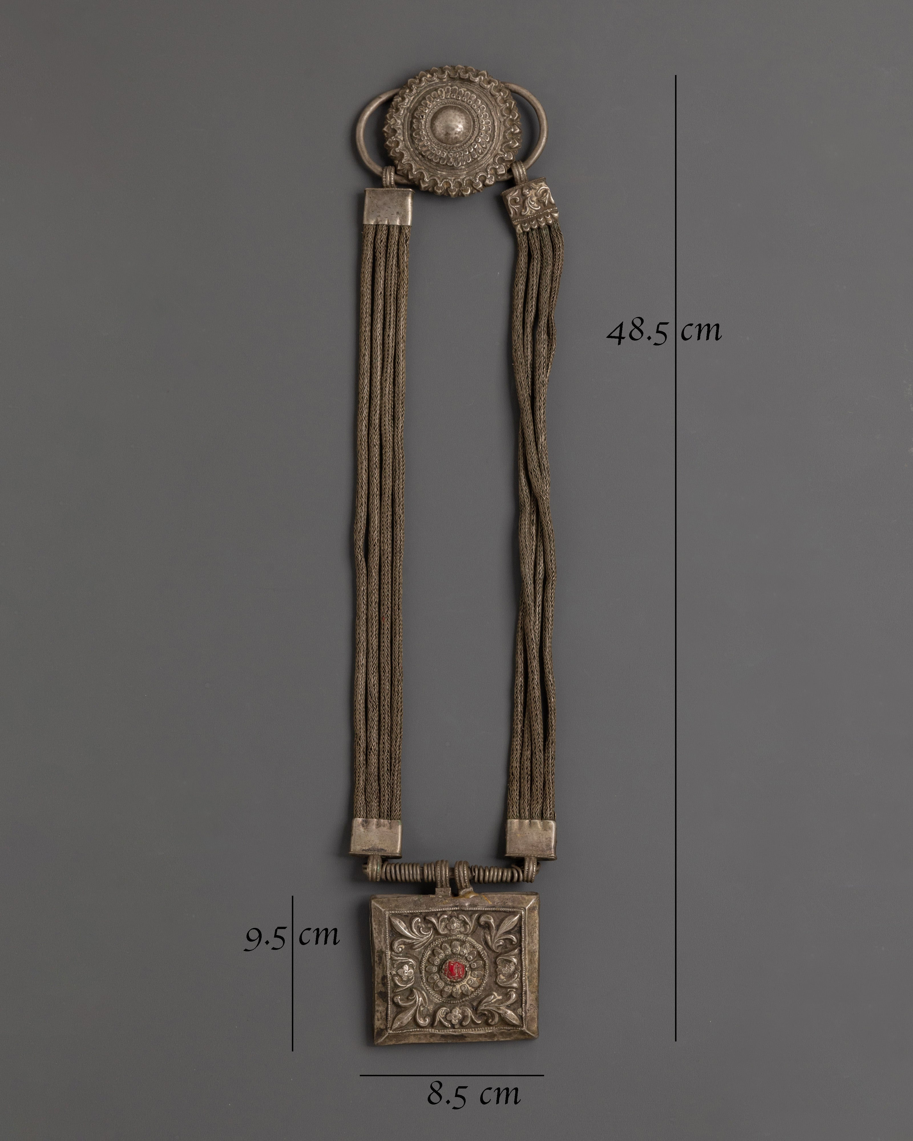 Antique Tribal Necklace | Handcrafted Silver Pendant with Red Gemstone