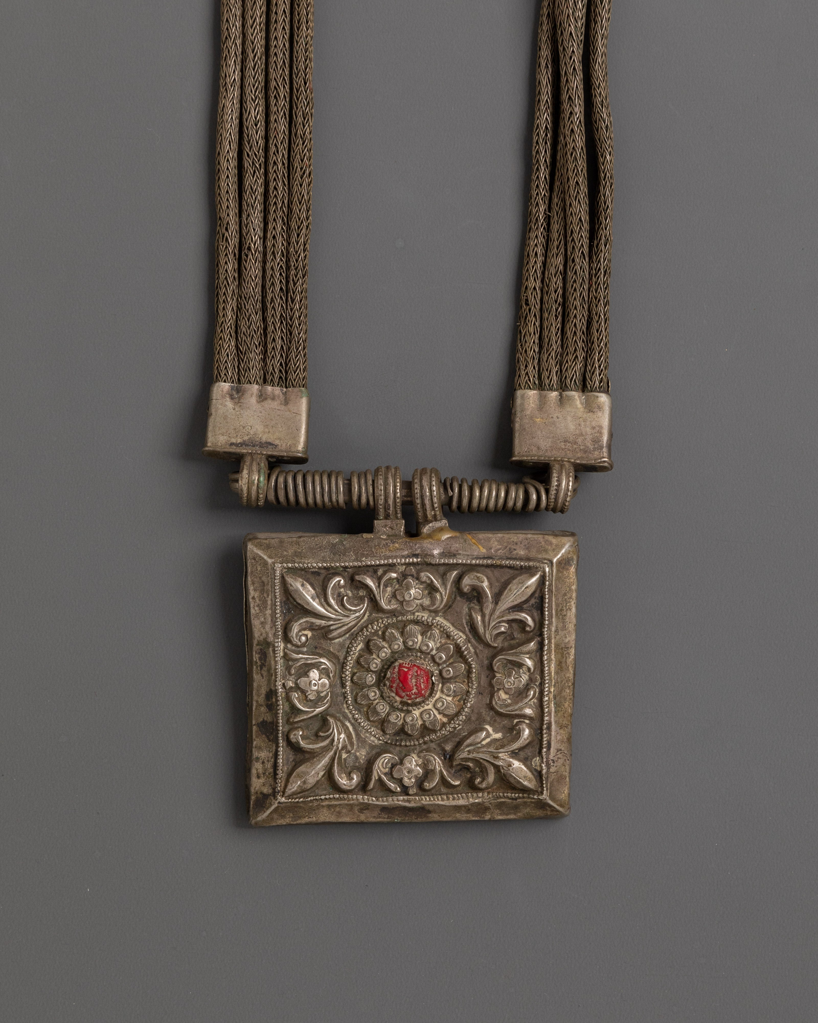 Antique Tribal Necklace | Handcrafted Silver Pendant with Red Gemstone