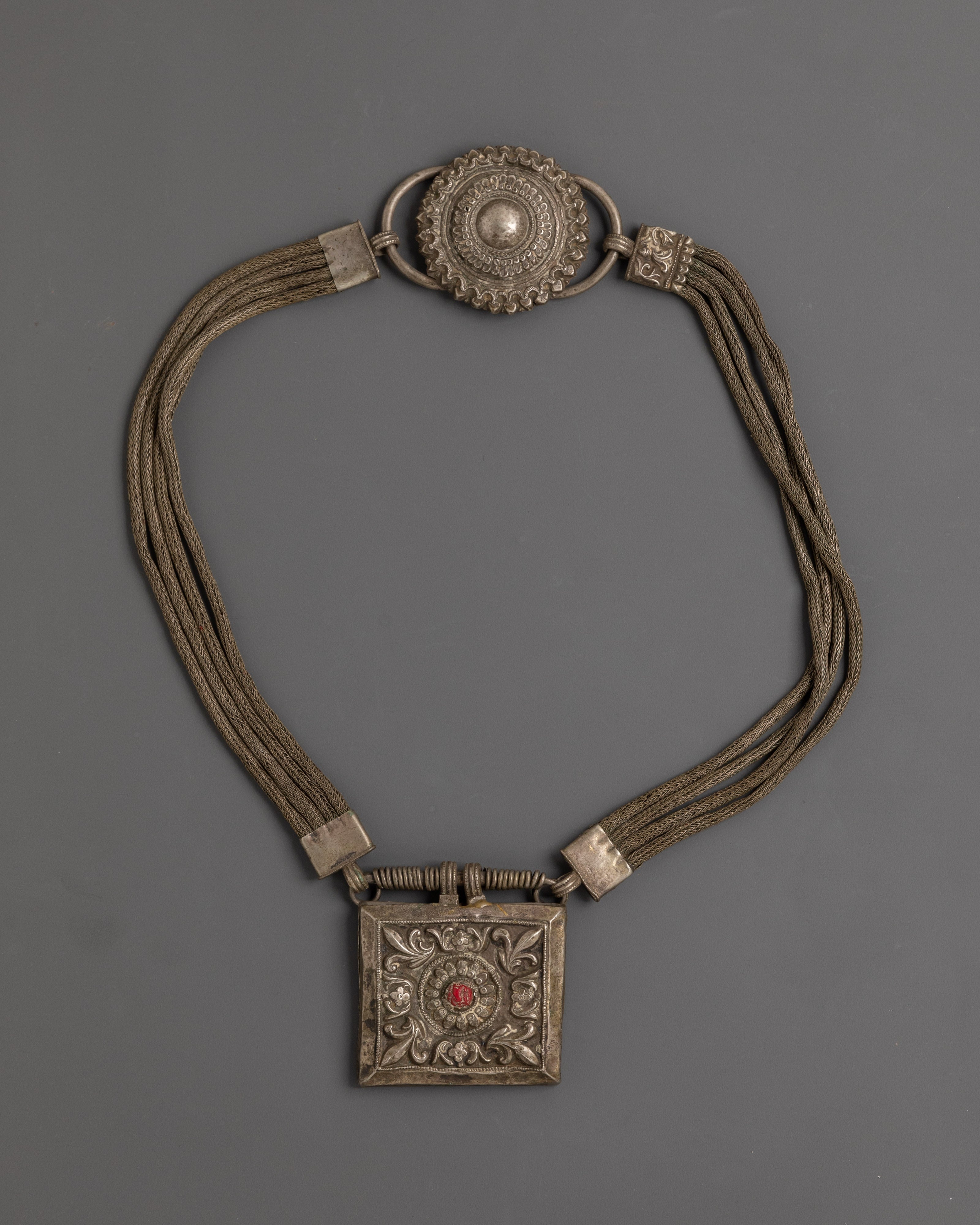 Antique Tribal Necklace | Handcrafted Silver Pendant with Red Gemstone