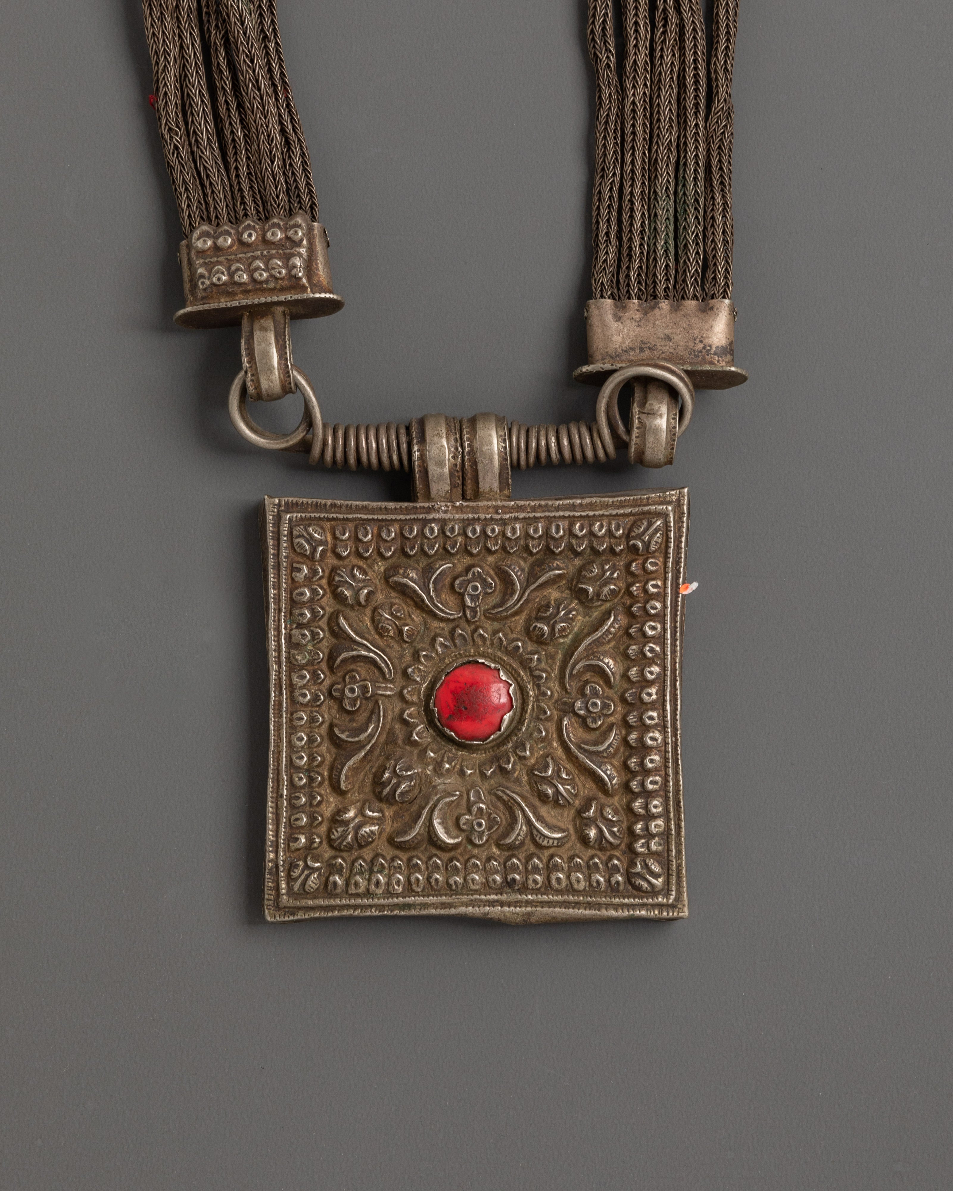 Handcrafted Tribal Necklace | Silver Pendant with Red Coral Gemstone