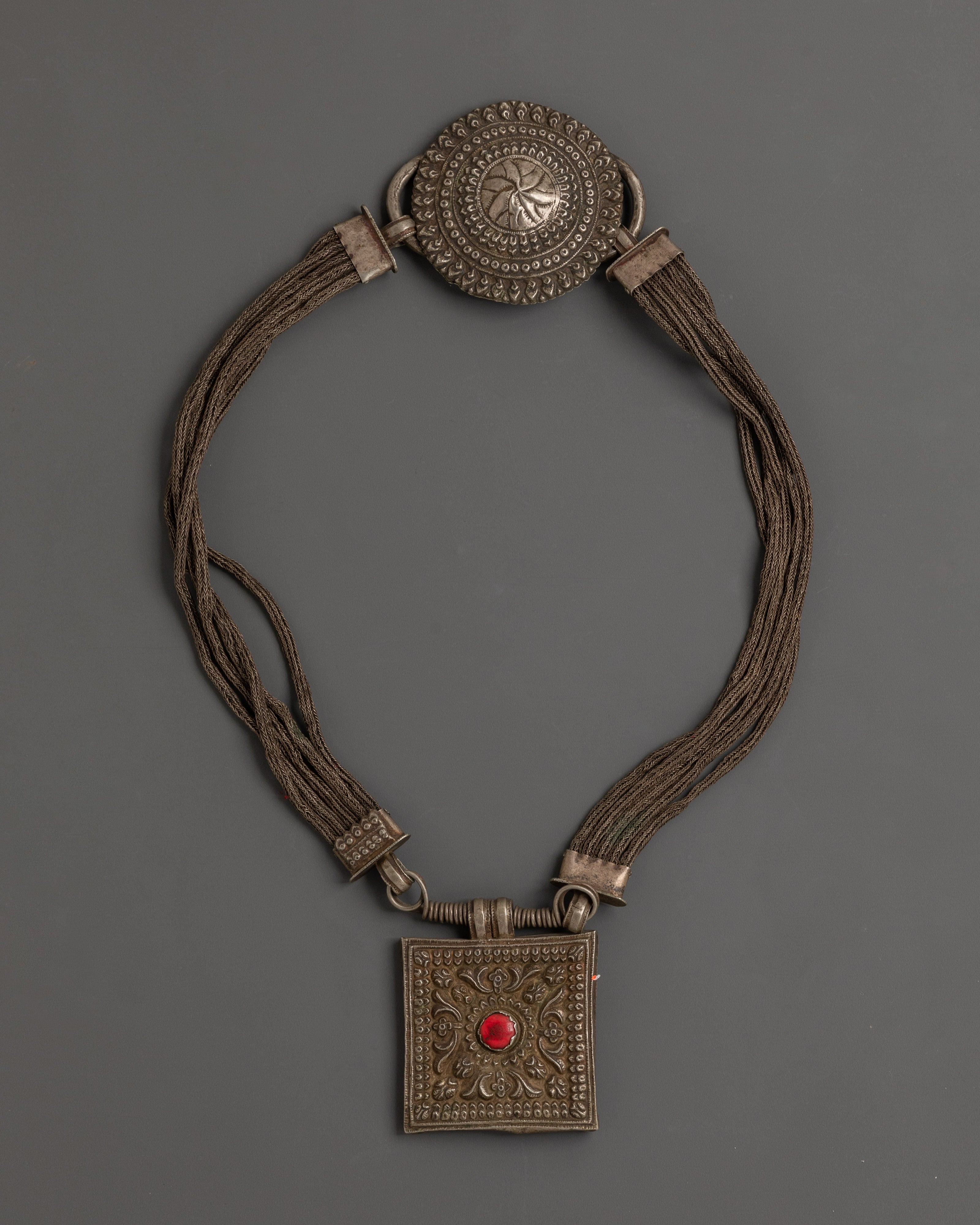 Handcrafted Tribal Necklace | Silver Pendant with Red Coral Gemstone