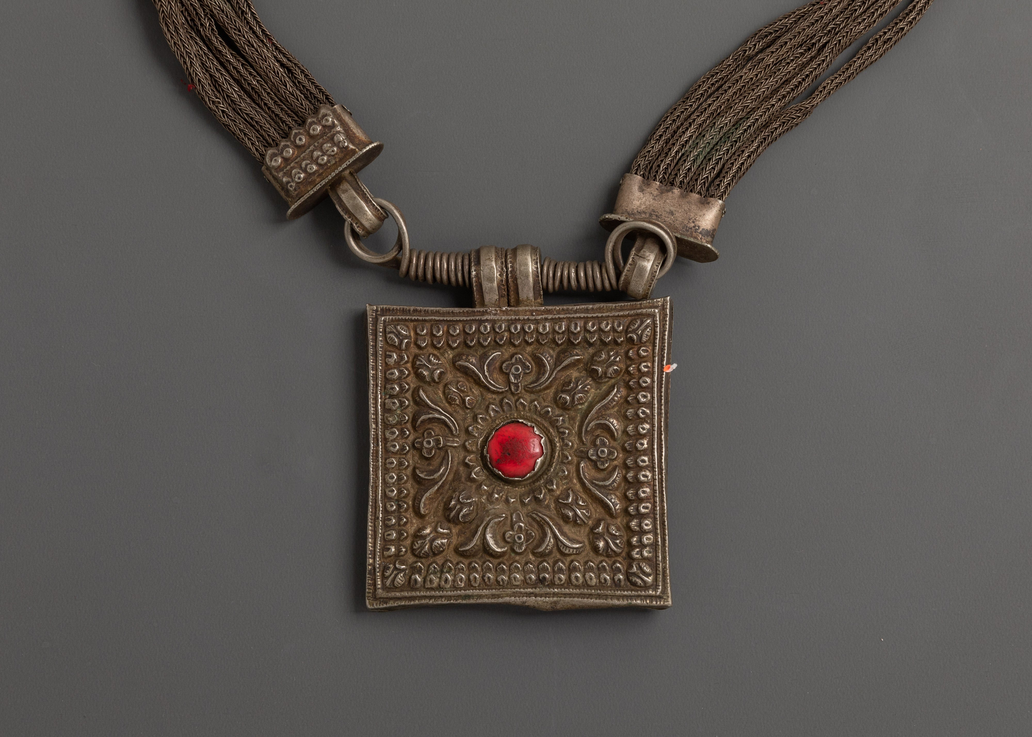 Handcrafted Tribal Necklace | Silver Pendant with Red Coral Gemstone