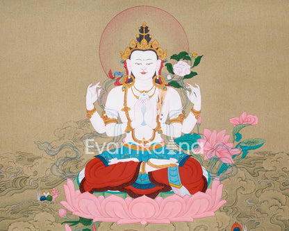 Avalokiteshvara Chenresig Thangka | Hand-painted Thangka on Cotton Canvas