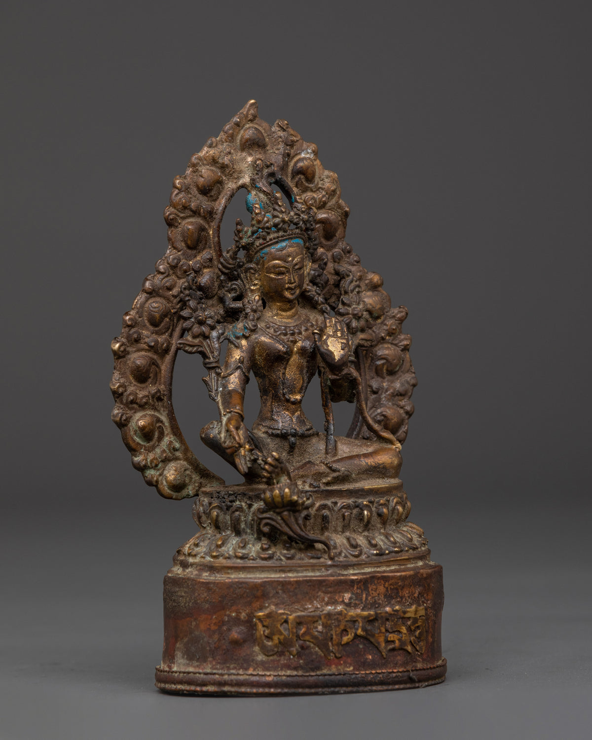 Copper Statue of Green Tara on Throne | Buddhist Art
