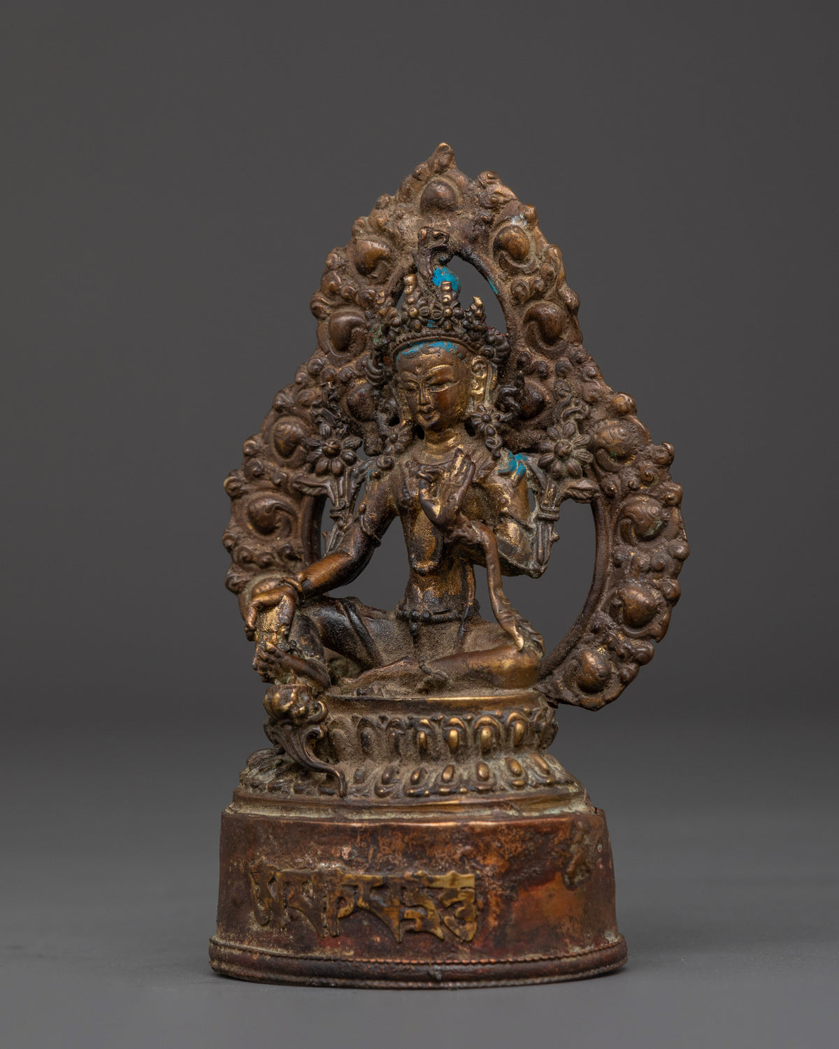 Copper Statue of Green Tara on Throne | Buddhist Art