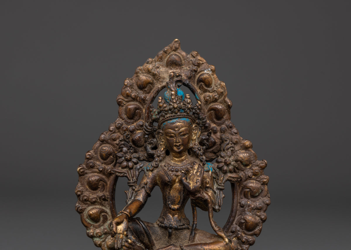 Copper Statue of Green Tara on Throne | Buddhist Art