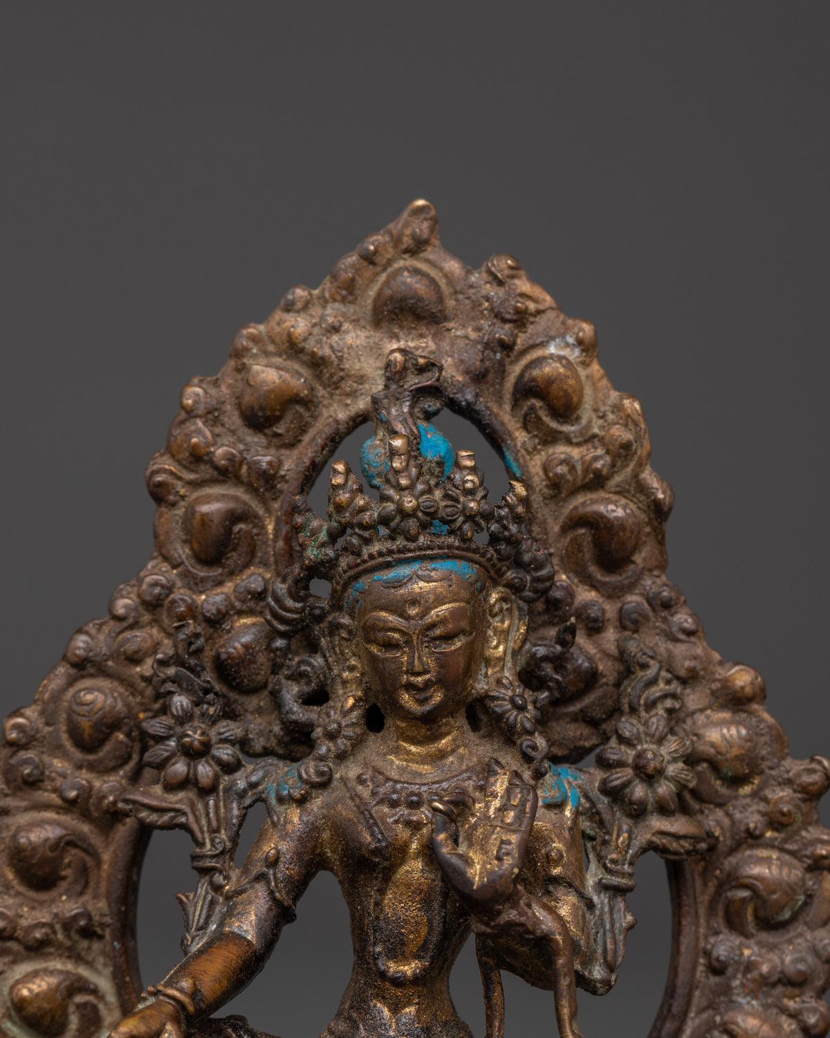 Copper Statue of Green Tara on Throne | Buddhist Art
