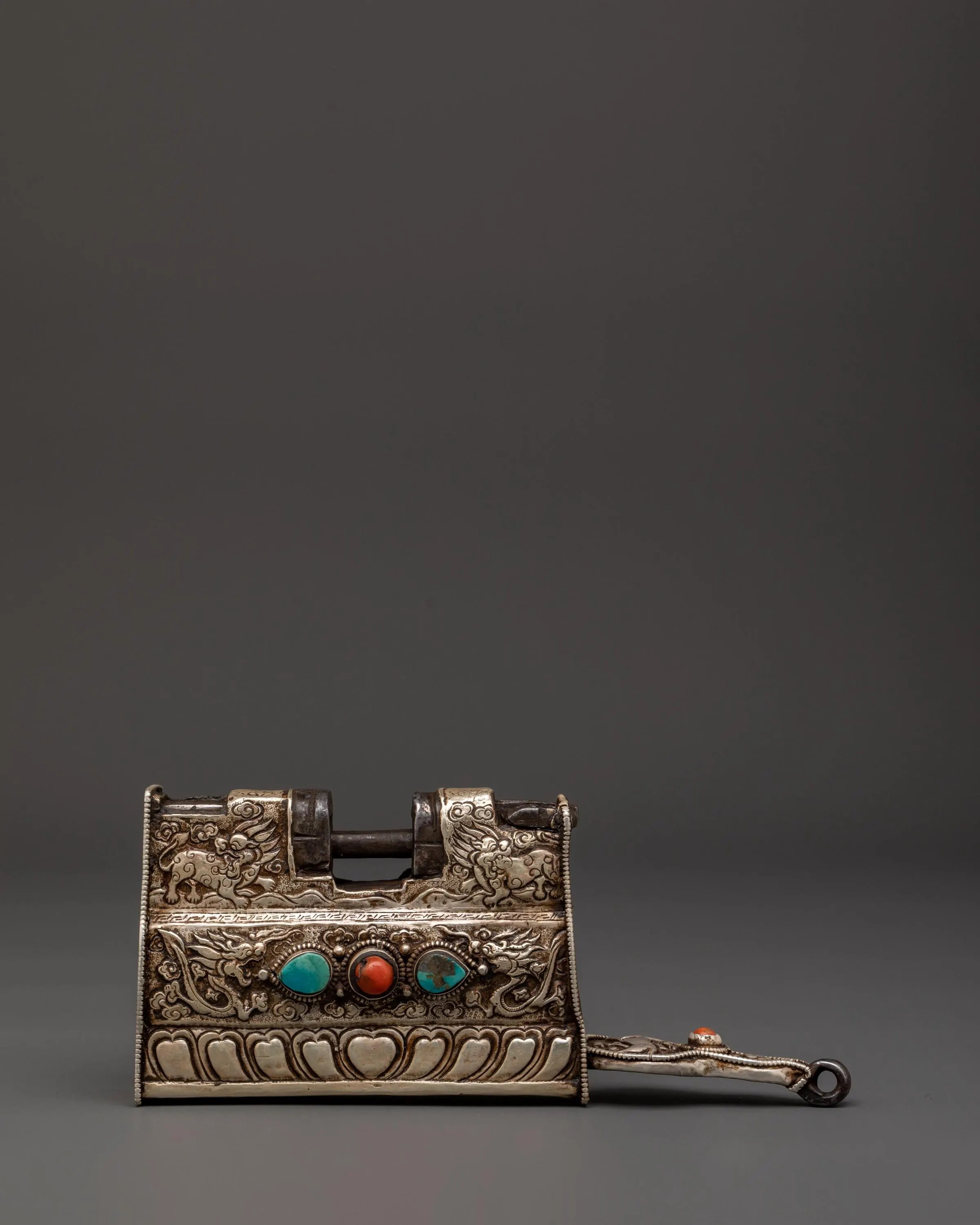 Tibetan Silver Ritual Padlock with Key | Dragon Motif Lock Inlaid with Coral