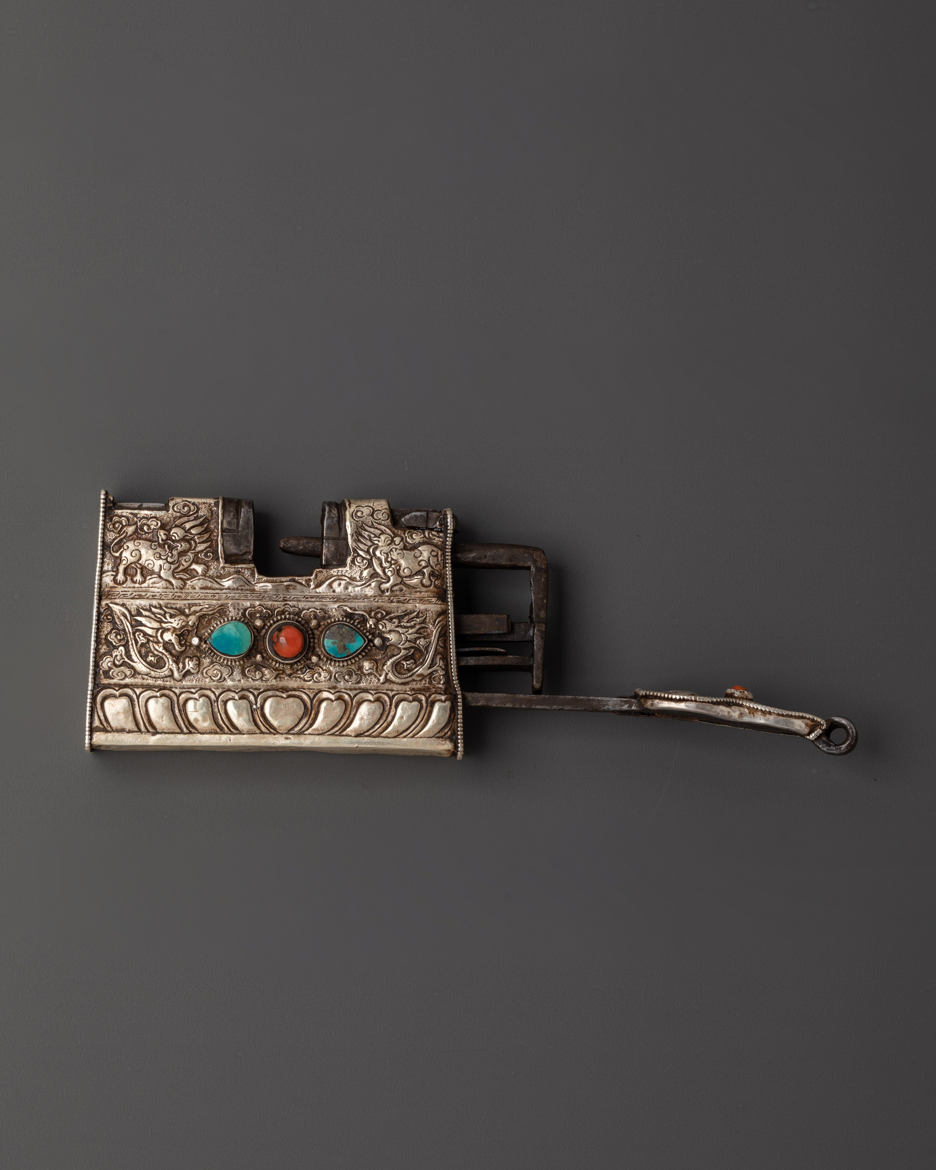 Tibetan Silver Ritual Padlock with Key | Dragon Motif Lock Inlaid with Coral