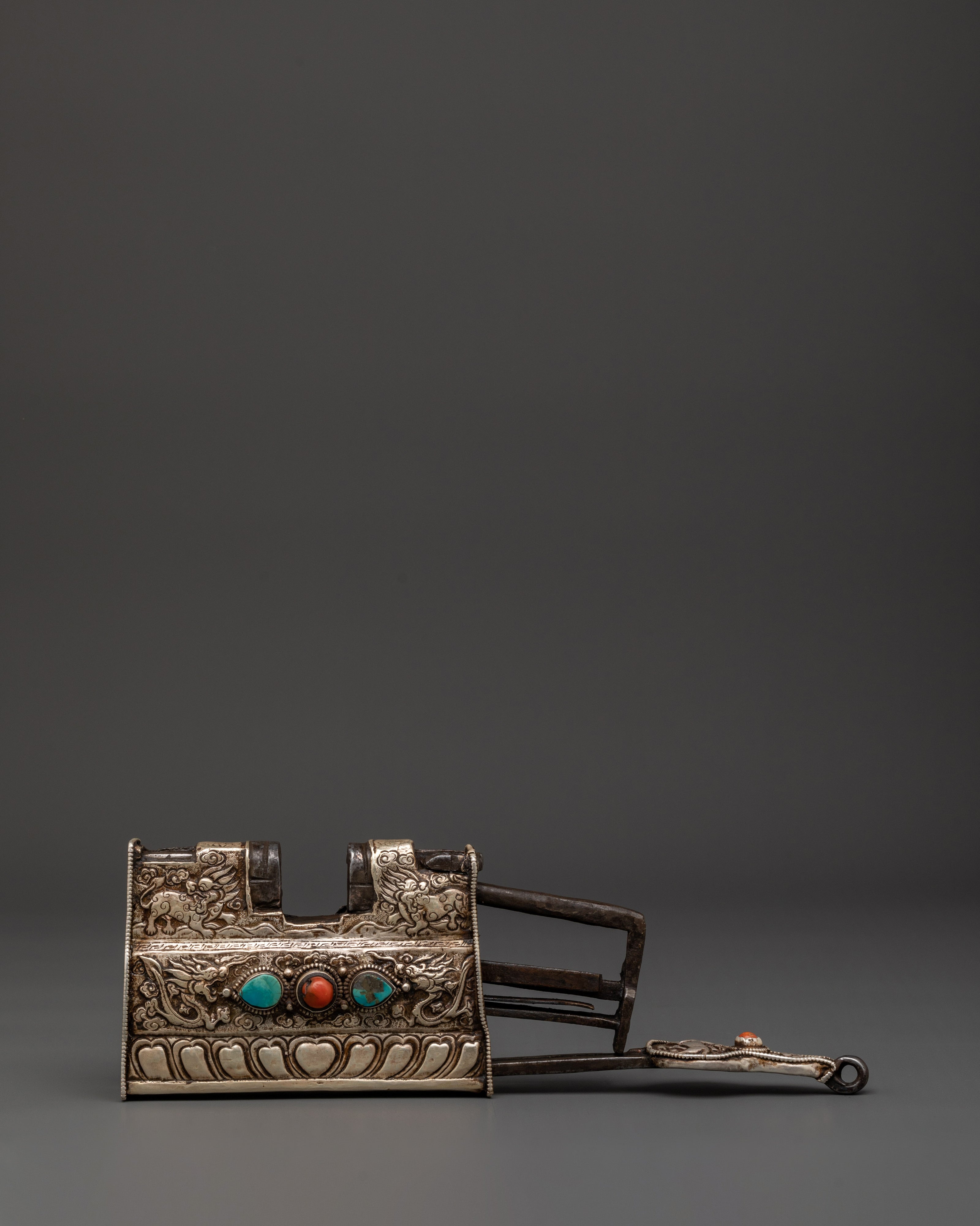 Tibetan Silver Ritual Padlock with Key | Dragon Motif Lock Inlaid with Coral