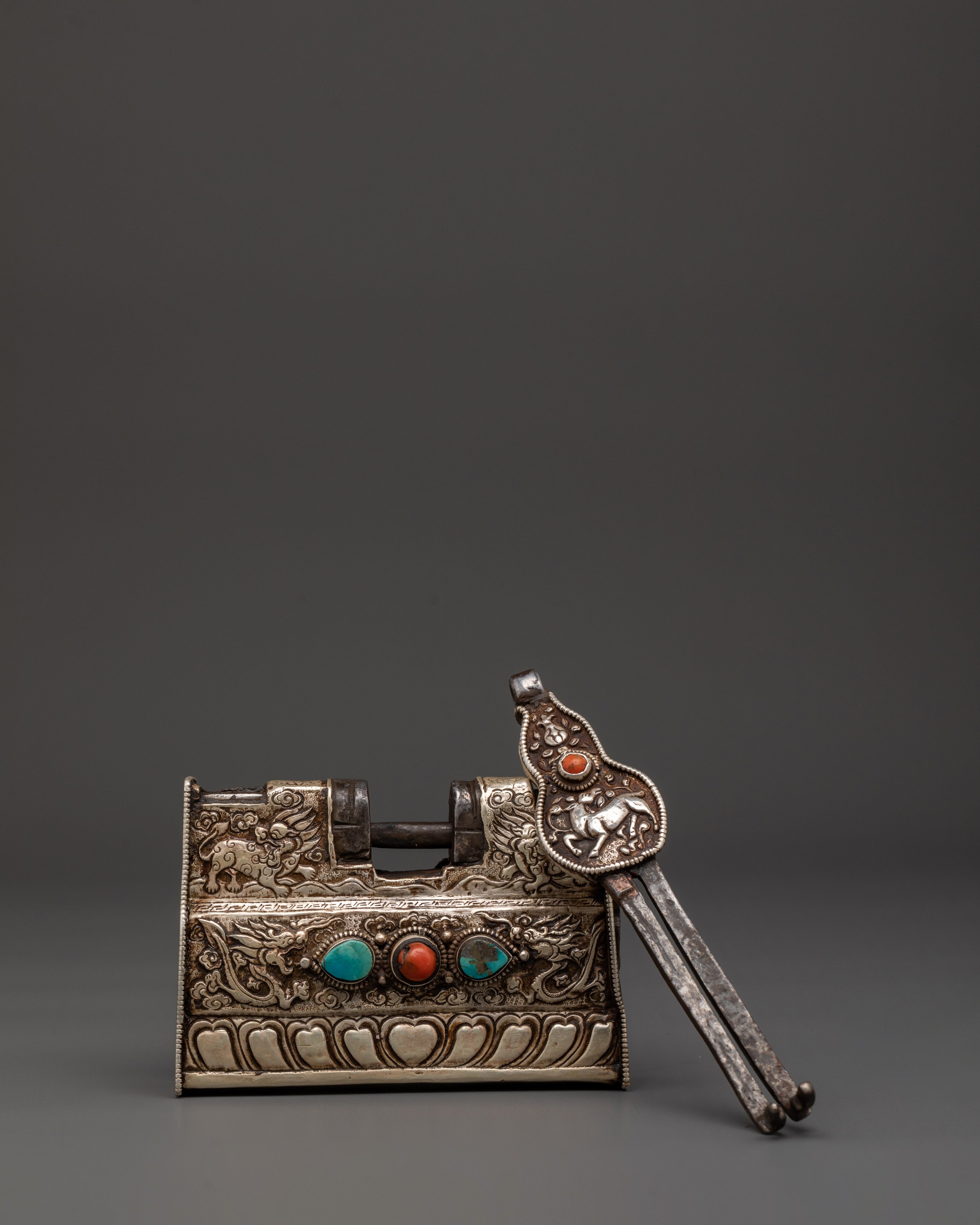 Tibetan Silver Ritual Padlock with Key | Dragon Motif Lock Inlaid with Coral