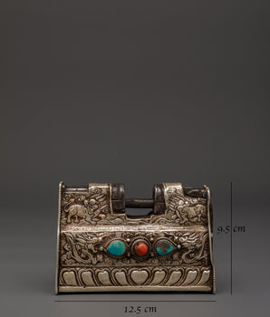 Tibetan Silver Ritual Padlock with Key | Dragon Motif Lock Inlaid with Coral