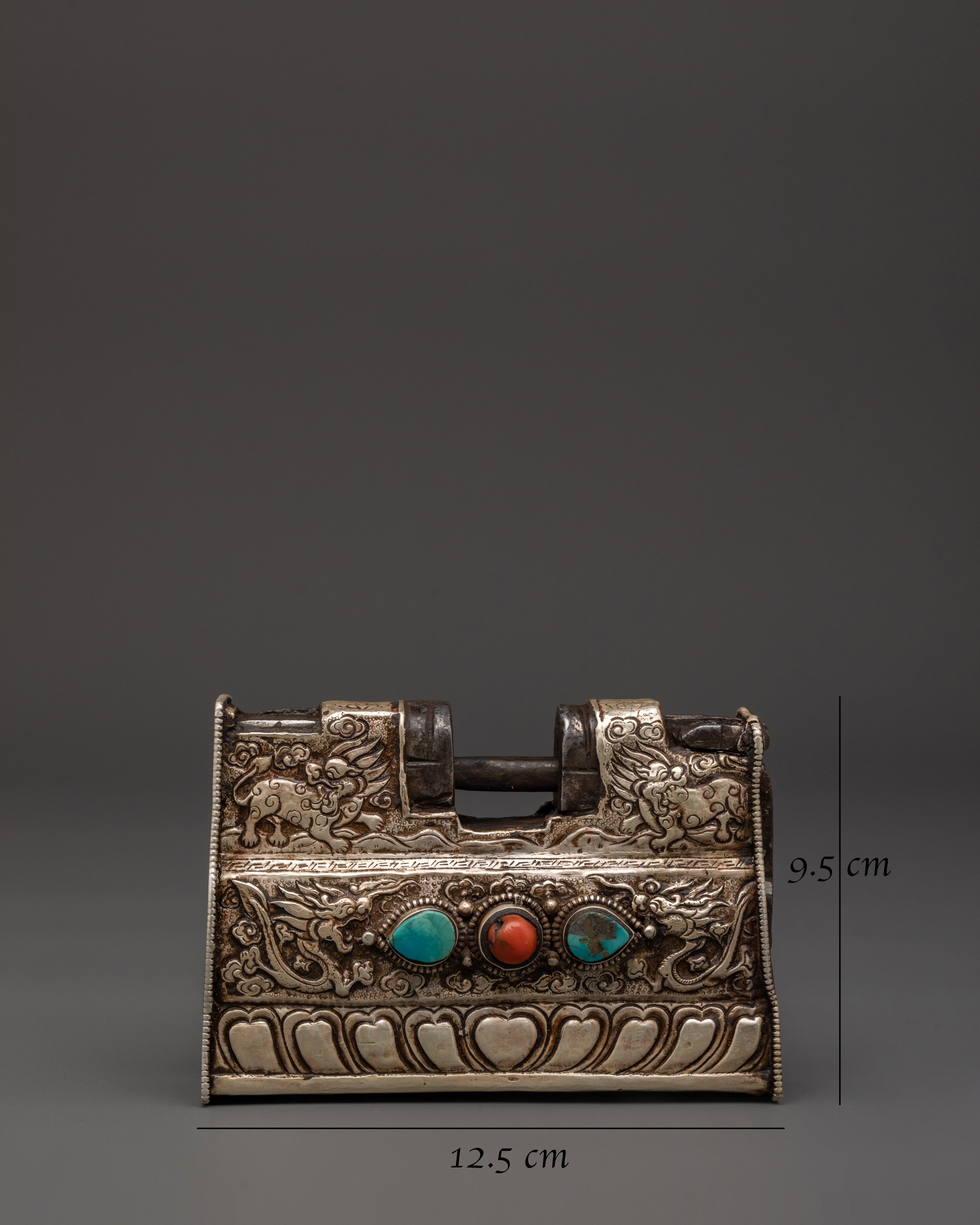 Tibetan Silver Ritual Padlock with Key | Dragon Motif Lock Inlaid with Coral