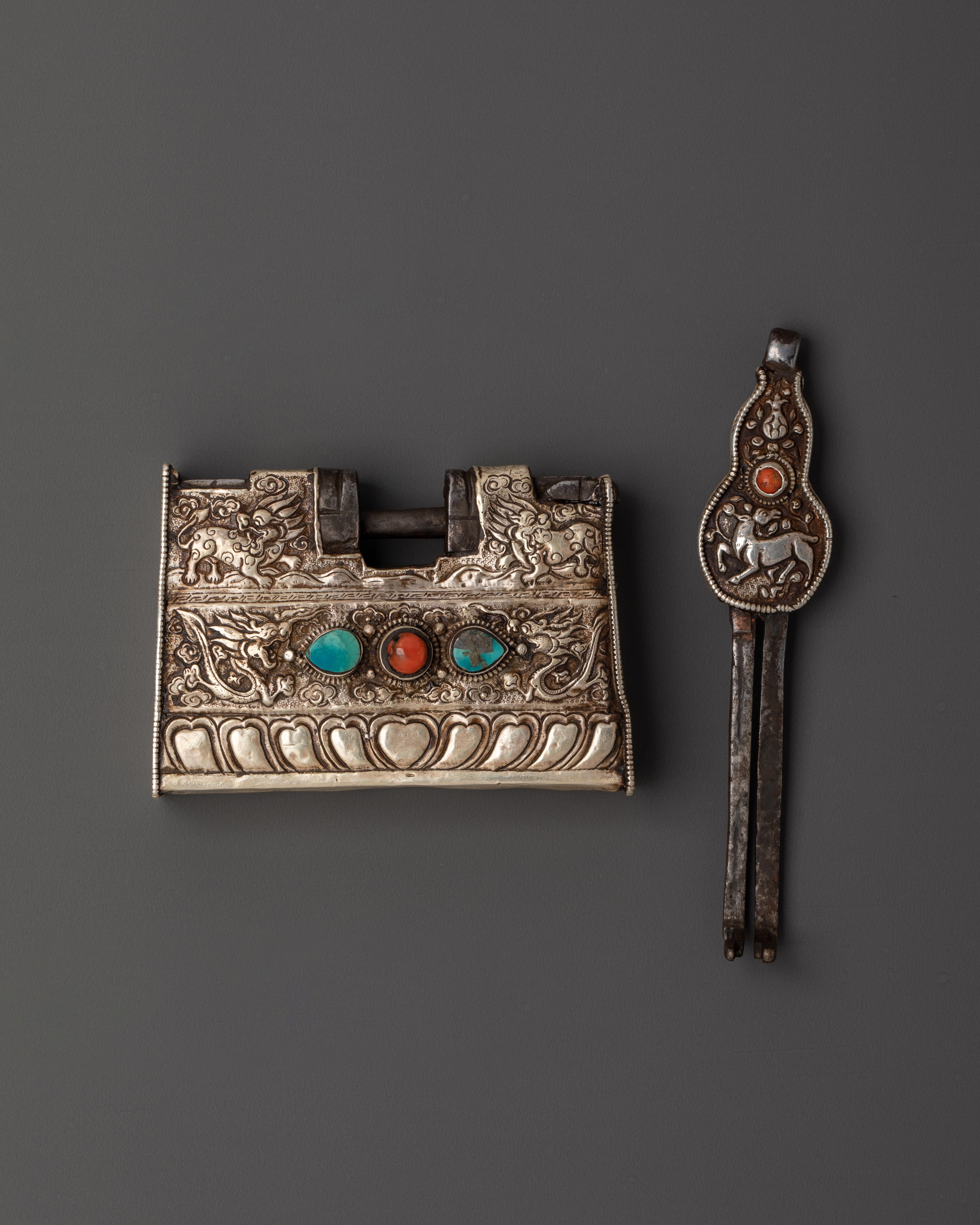 Tibetan Silver Ritual Padlock with Key | Dragon Motif Lock Inlaid with Coral