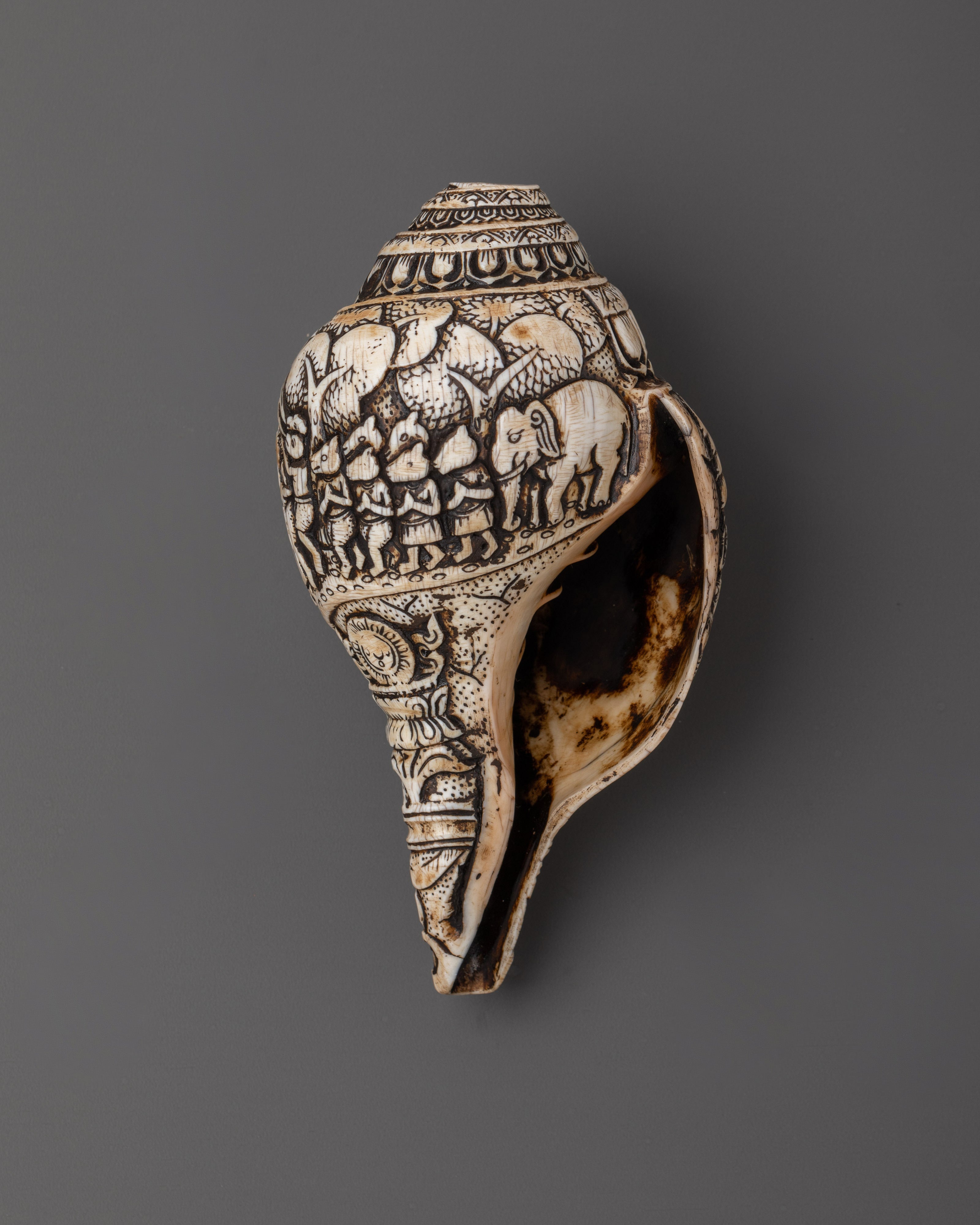 Hand-Carved Ritual Conch Shell | Tibetan Buddhist Shankha with Deity