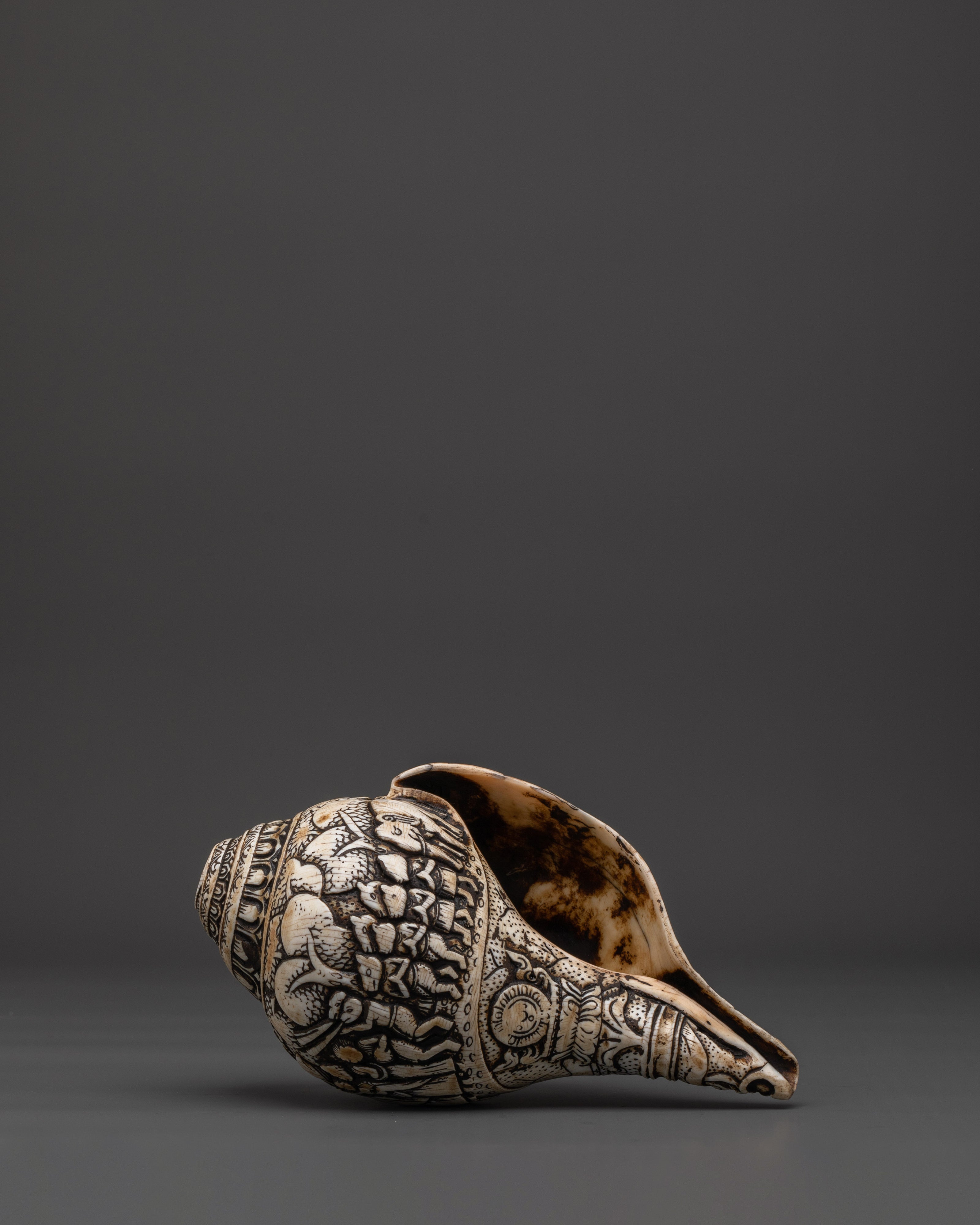 Hand-Carved Ritual Conch Shell | Tibetan Buddhist Shankha with Deity