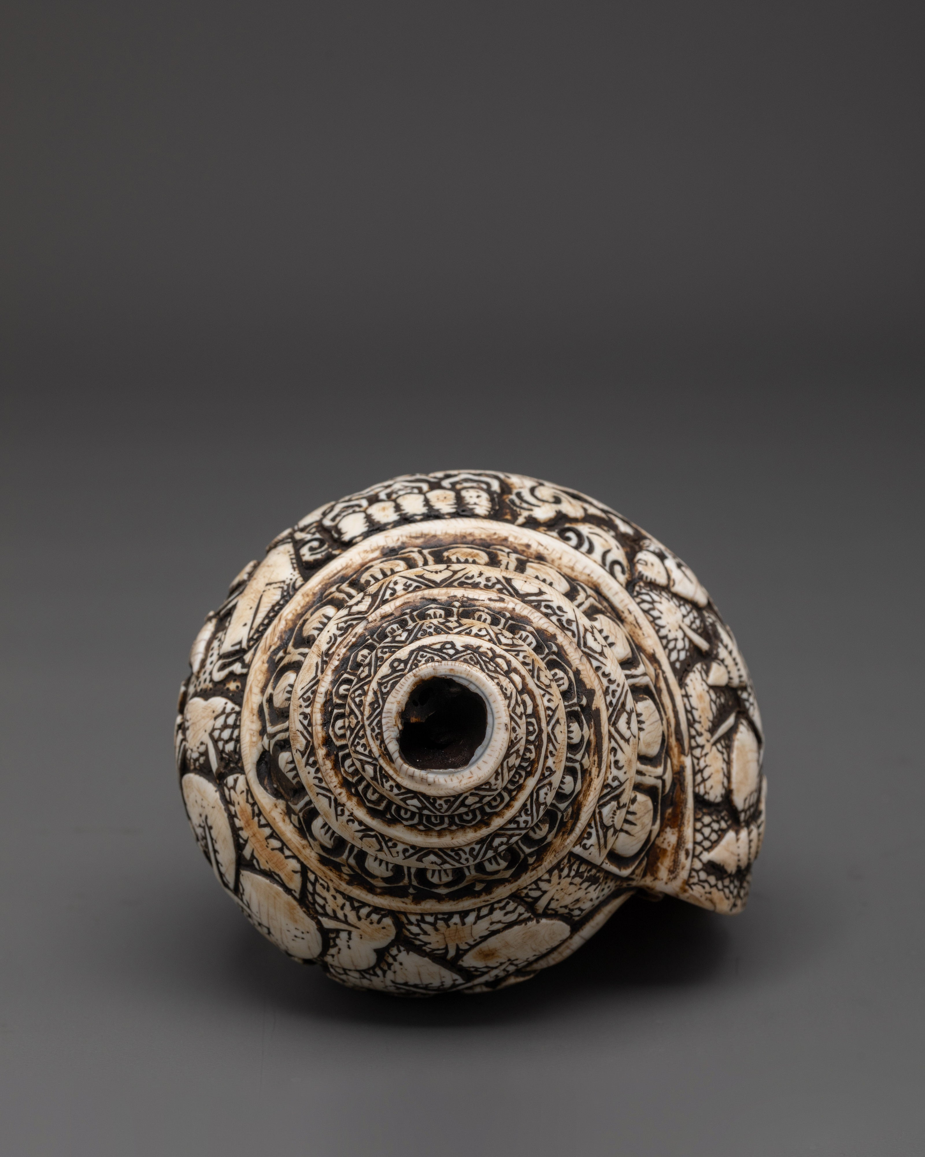 Hand-Carved Ritual Conch Shell | Tibetan Buddhist Shankha with Deity