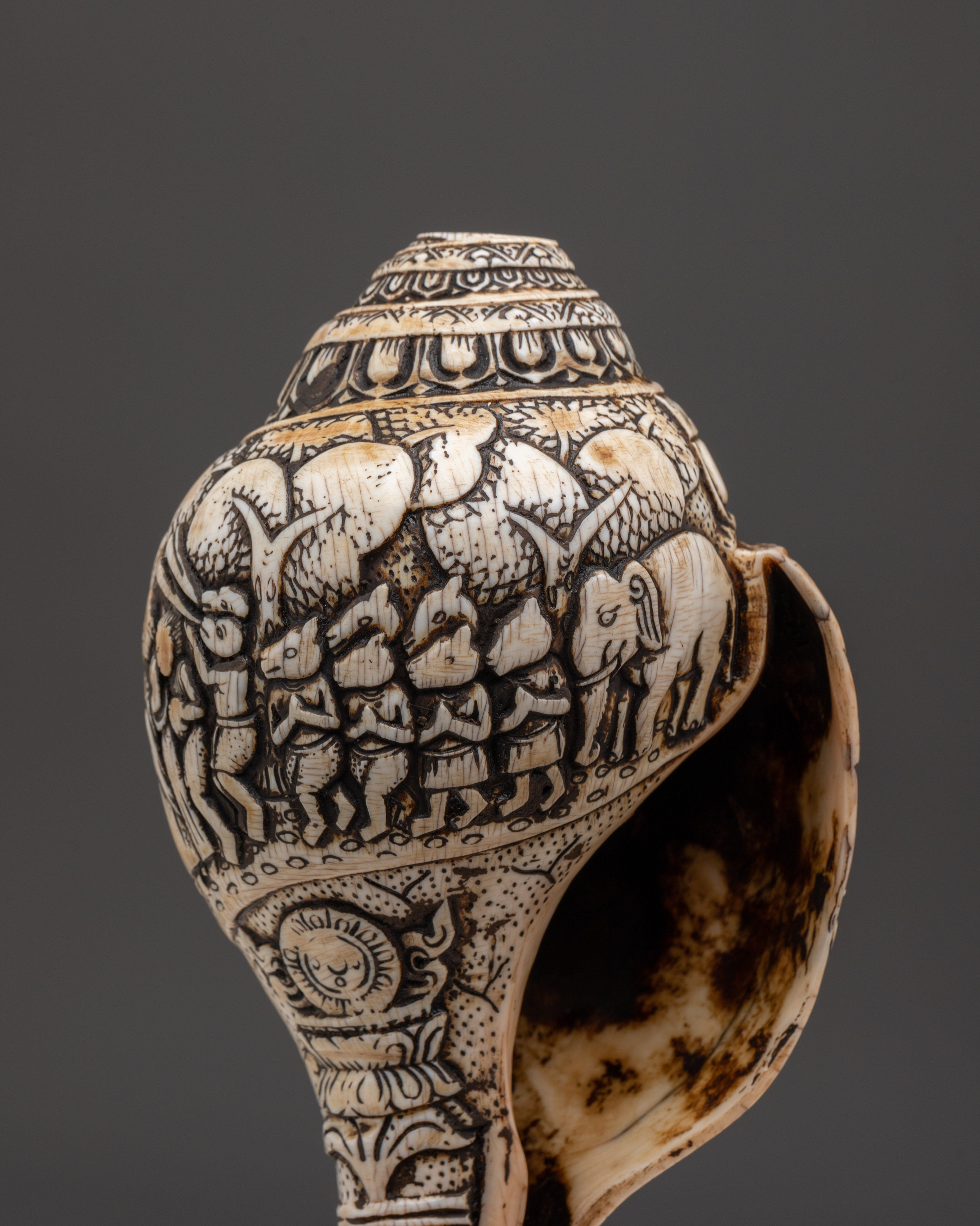 Hand-Carved Ritual Conch Shell | Tibetan Buddhist Shankha with Deity