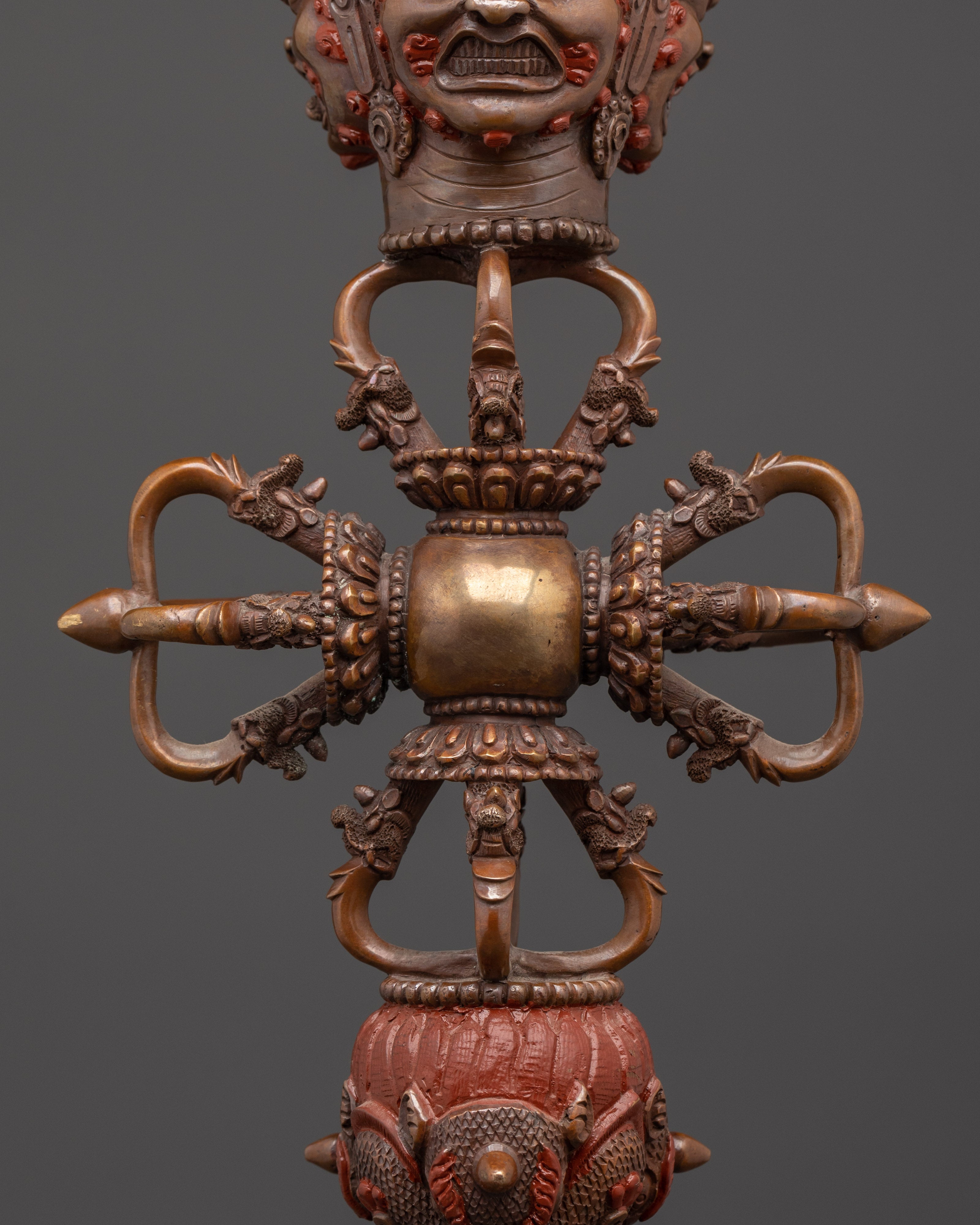 Himalayan Buddhist Ritual Dagger | Oxidized Copper Phurba with Dorje