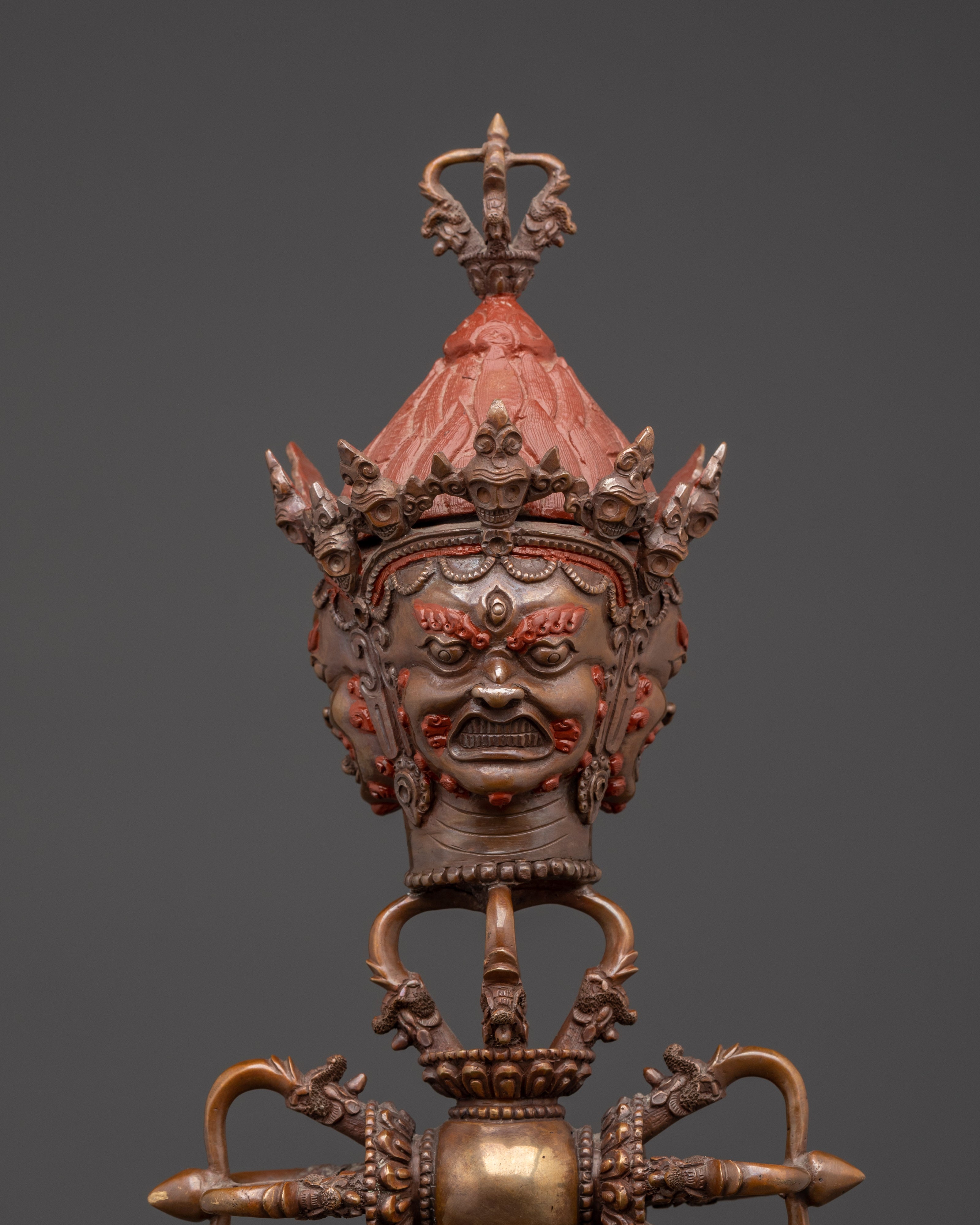 Himalayan Buddhist Ritual Dagger | Oxidized Copper Phurba with Dorje