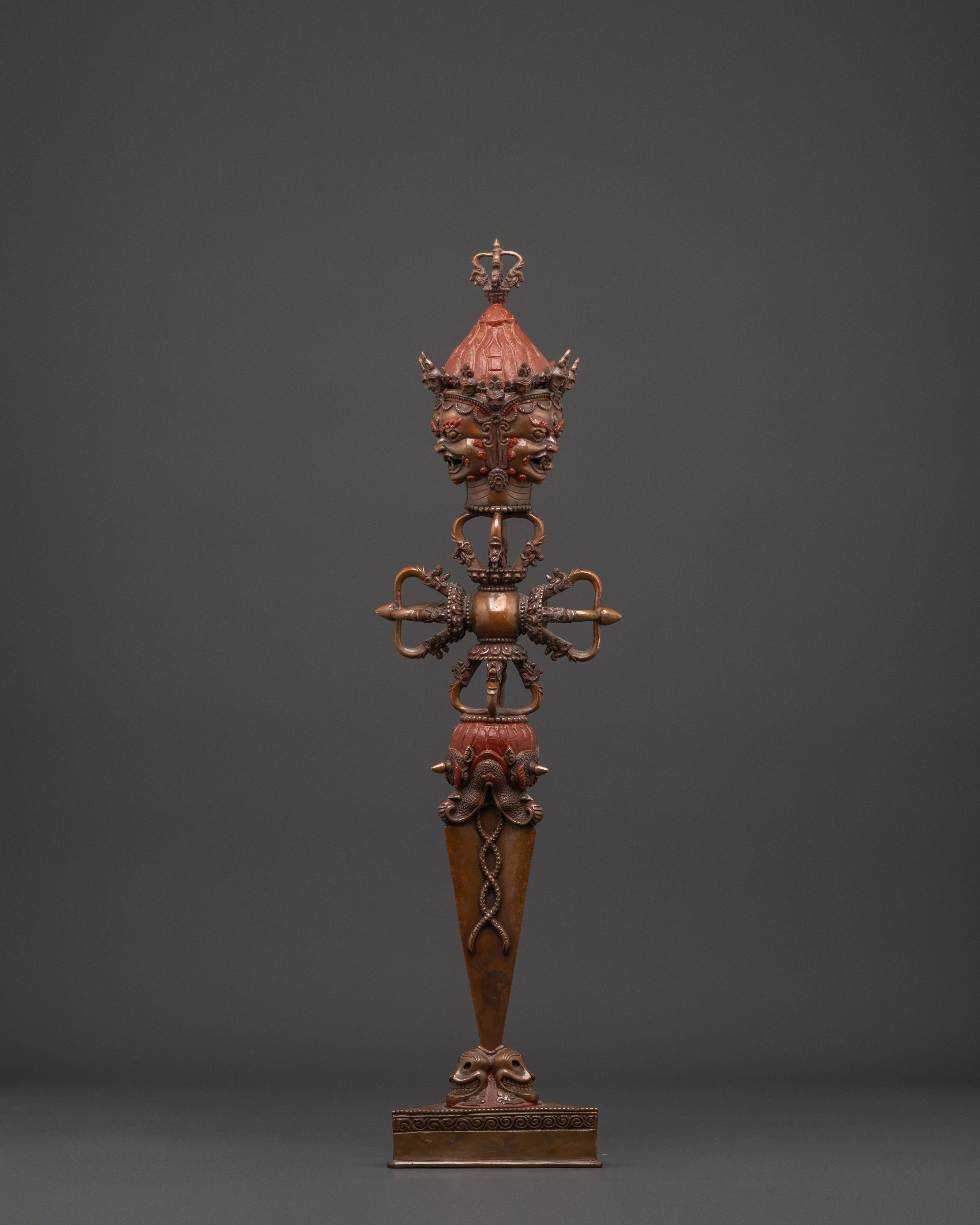 Himalayan Buddhist Ritual Dagger | Oxidized Copper Phurba with Dorje
