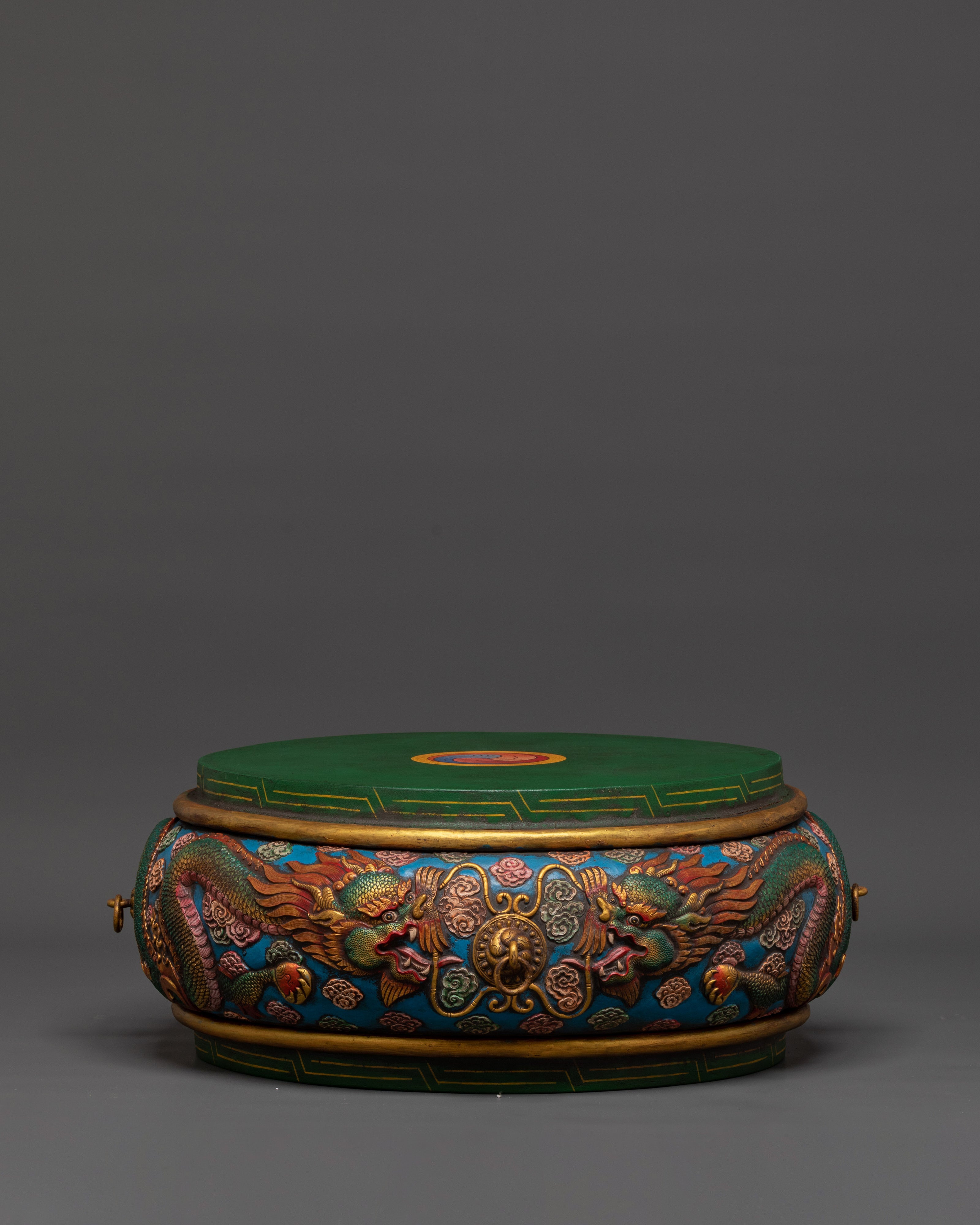 Traditional Tibetan Drum | Handmade Himalayan Drum with Dragon Motif