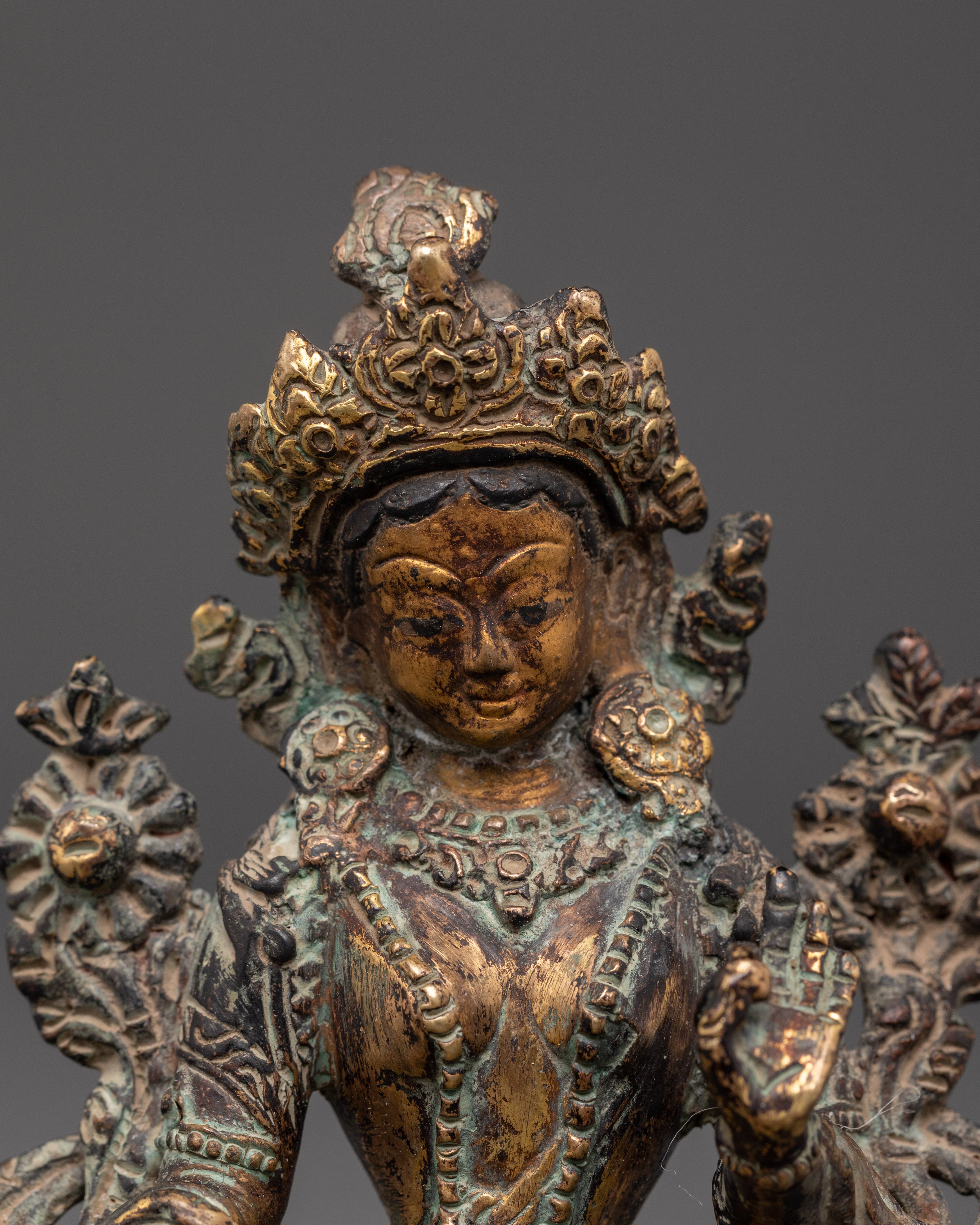 Handmade Green Tara Figurine | Antique Copper Buddha Statue