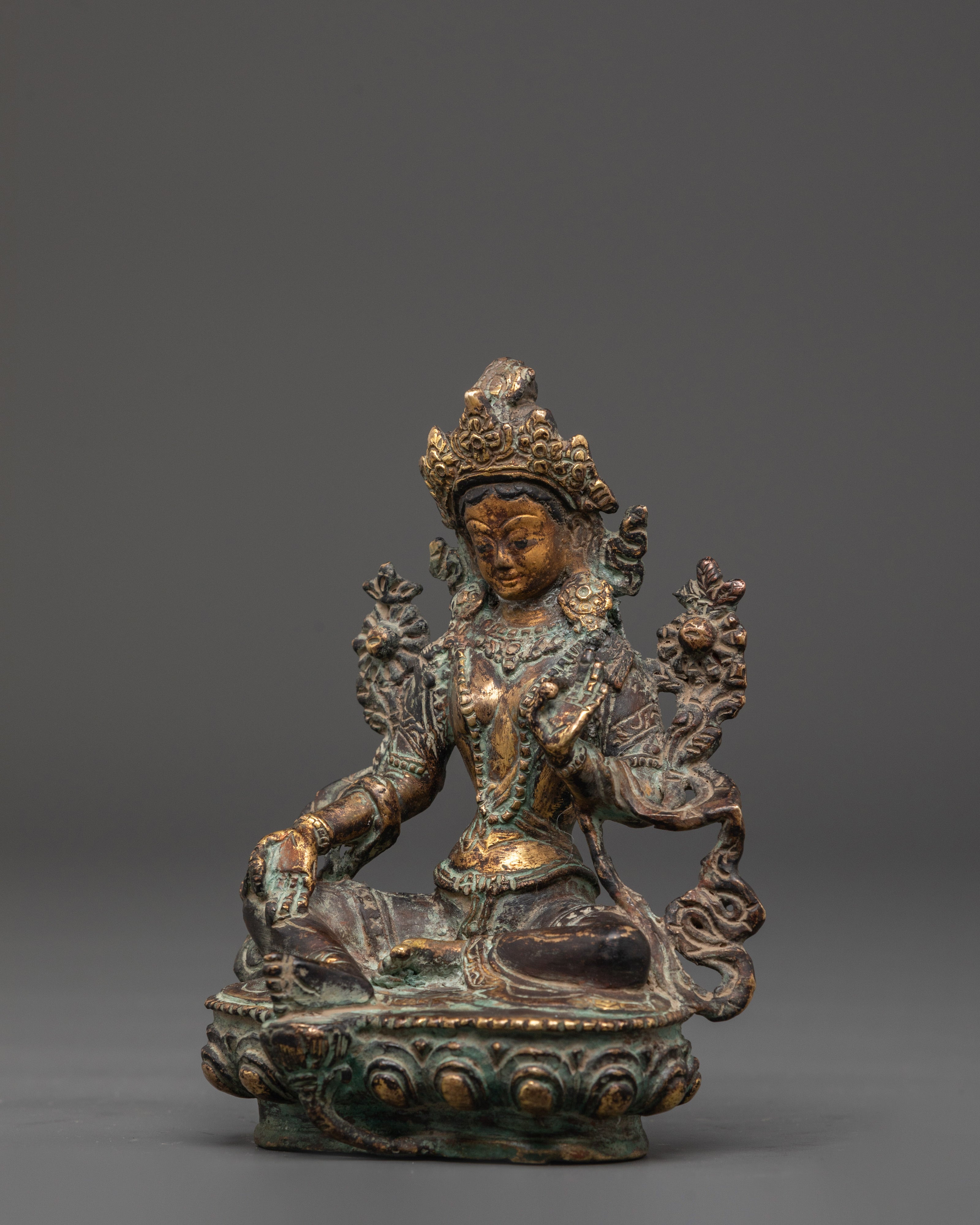 Handmade Green Tara Figurine | Antique Copper Buddha Statue