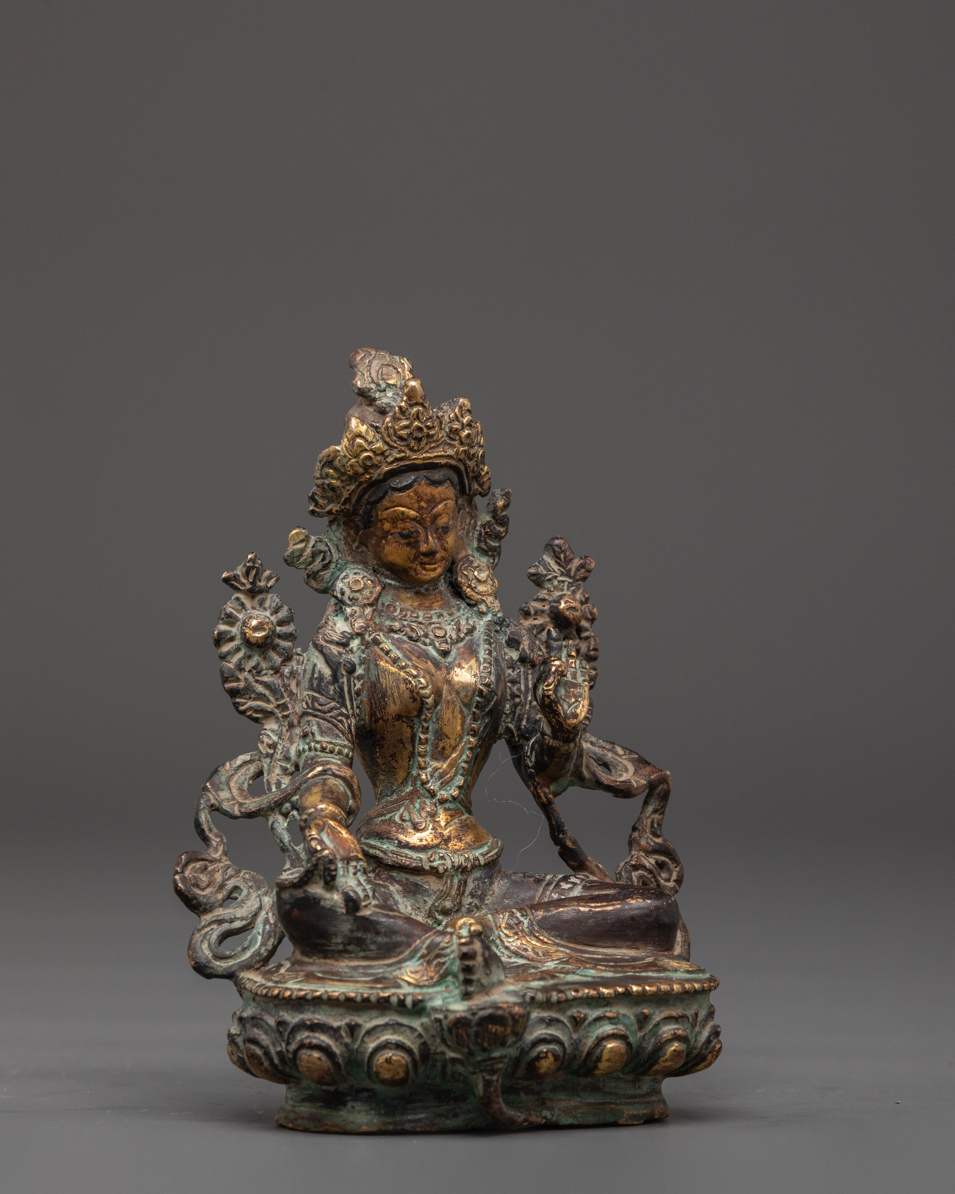 Handmade Green Tara Figurine | Antique Copper Buddha Statue