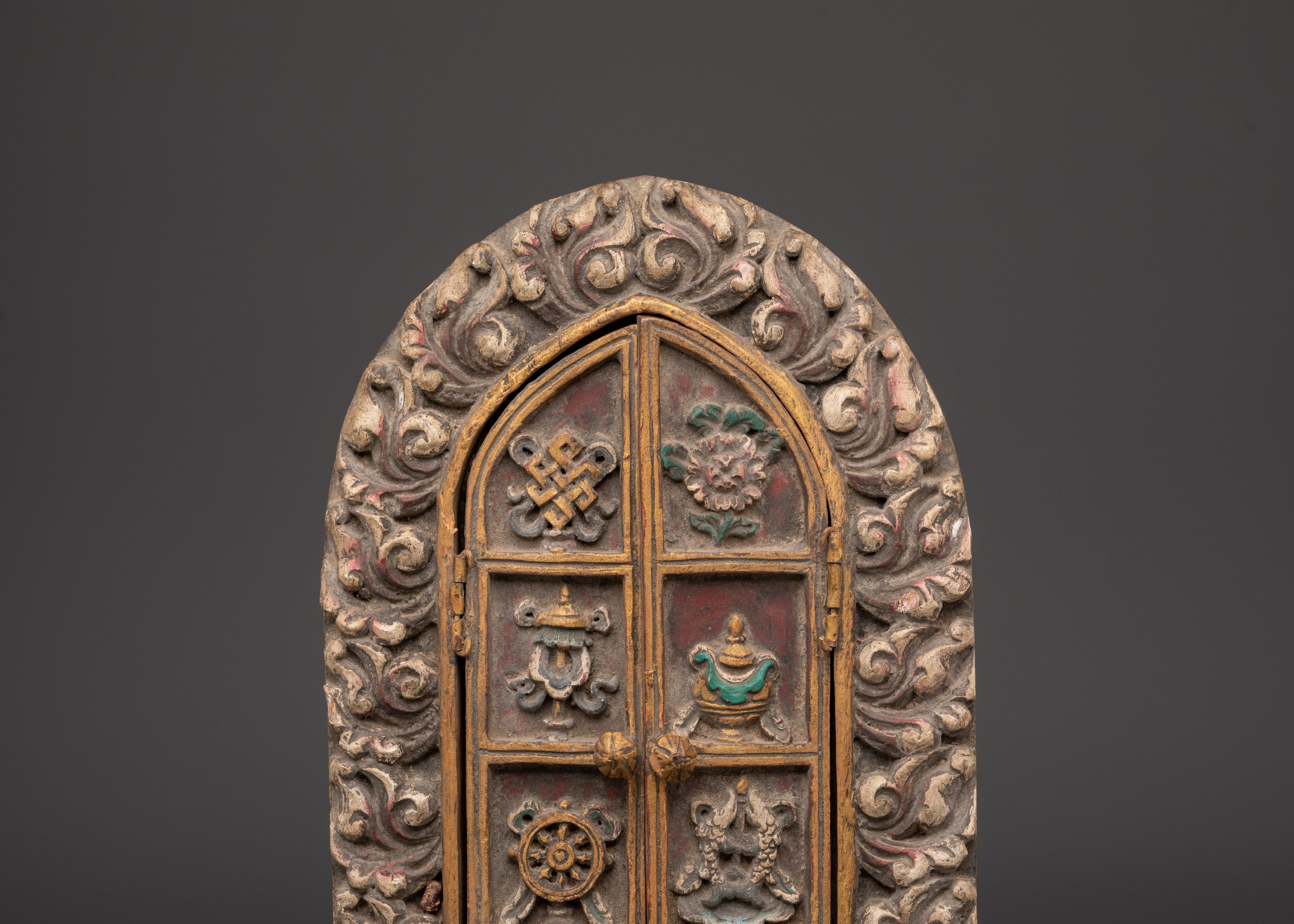 Tibetan Guru Rinpoche Shrine Box | Handcarved Wooden Altar Cabinet
